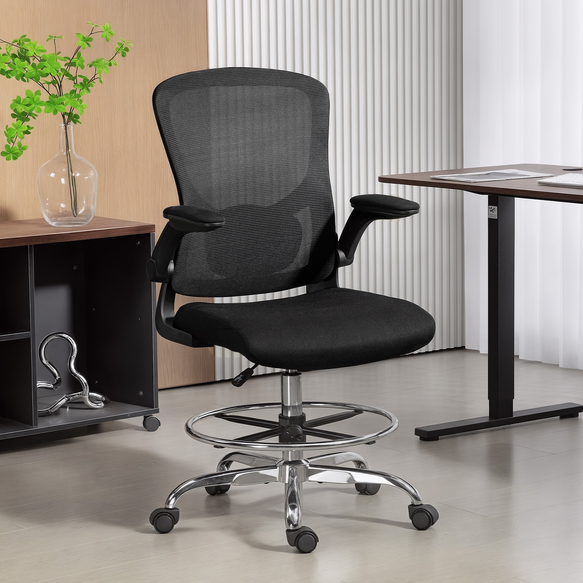 Zeichenstuhl mit Lendenstütze, höhenverstellbar, drehbar, für Homeoffice, Studio, Kunstprojekte, Schwarz