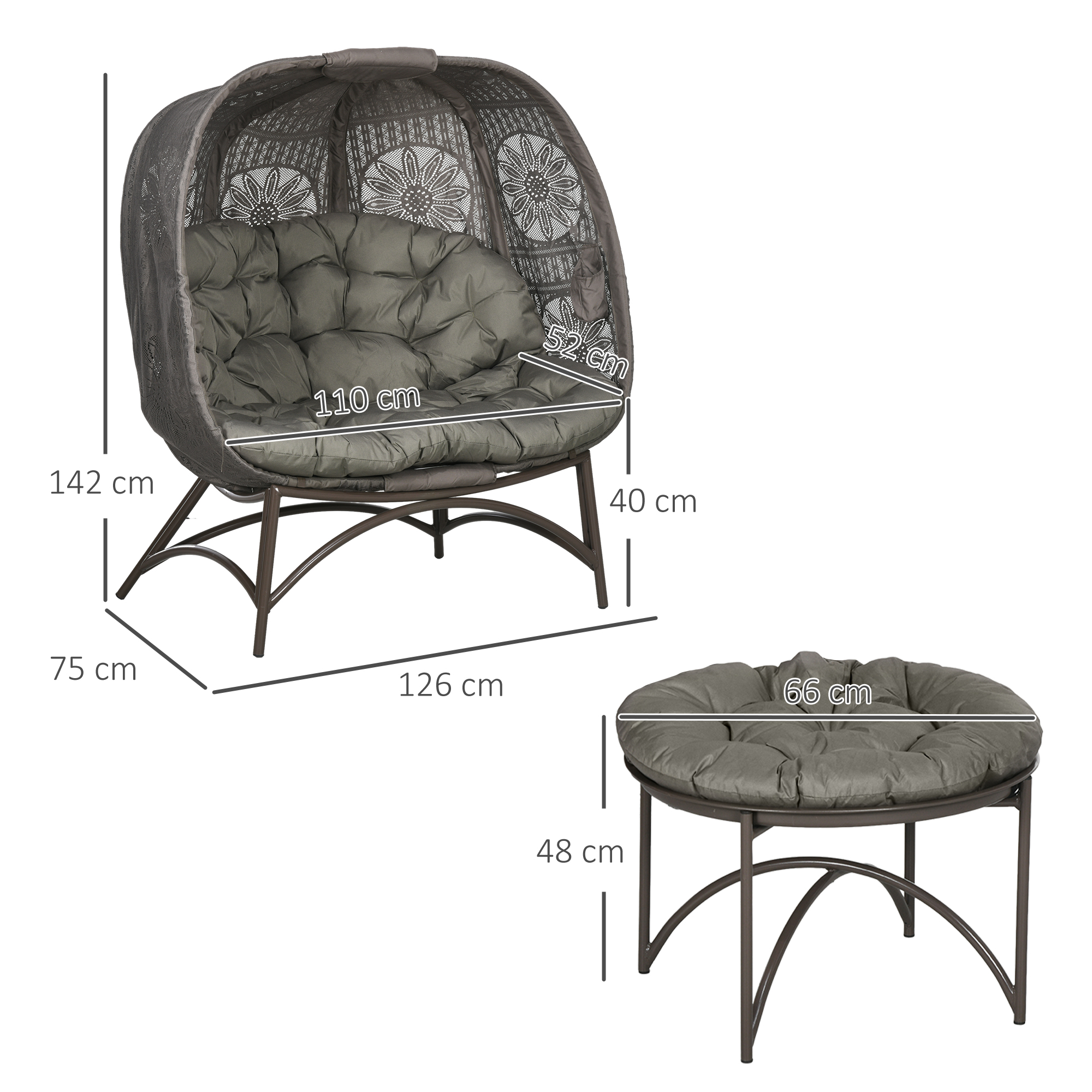 Gartenmöbel-Set, 2 Korbsessel mit Beistelltisch, faltbar, Sitzauflagen, Metallgestell, Farbe: Sand