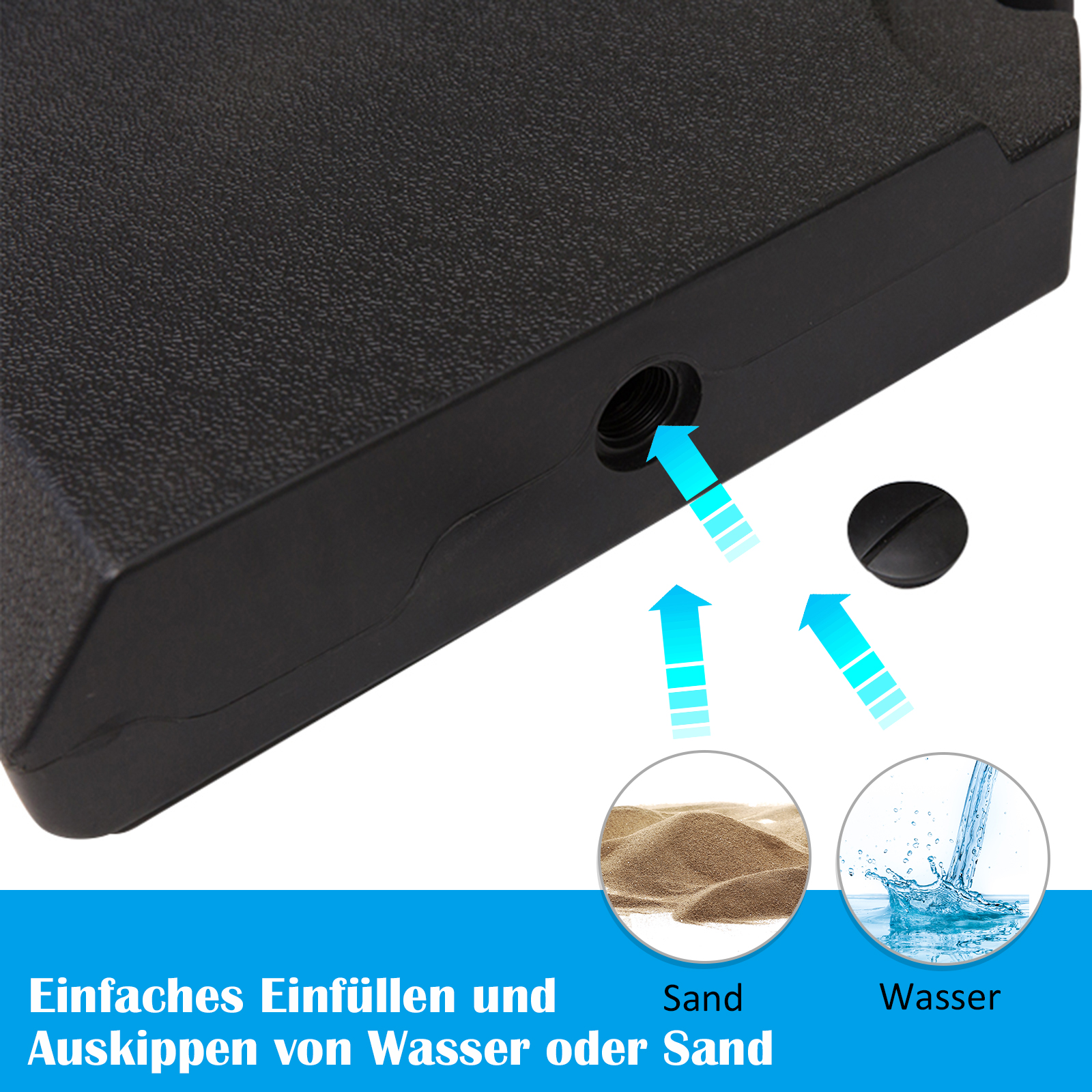 Schirmgewicht, 4-tlg. Schirmständer, mit 80 kg Wasser oder 120 kg Sand befüllbar, HDPE, Schwarz, 100 x 100 x 9,5 cm