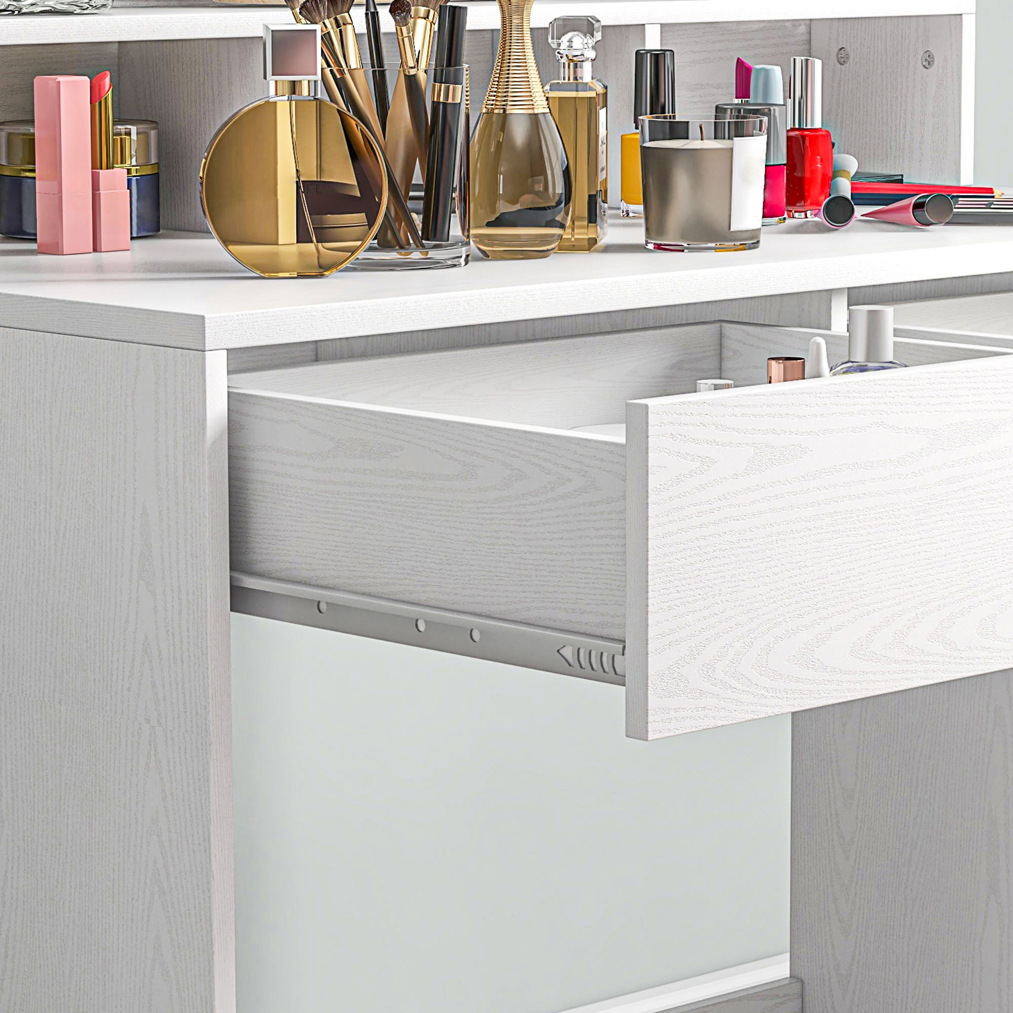 Frisiertisch mit beleuchtetem Spiegel, Schubladen, 3 Lichtoptionen, 10 Glühbirnen, moderner Schminktisch in Weiß