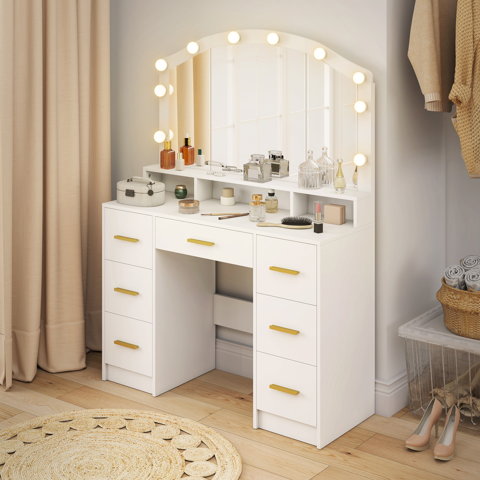 Schminktisch mit 10 LED-Hollywood-Lampen, Spiegel, 7 Schubladen, 3 Fächer, MDF, Weiß