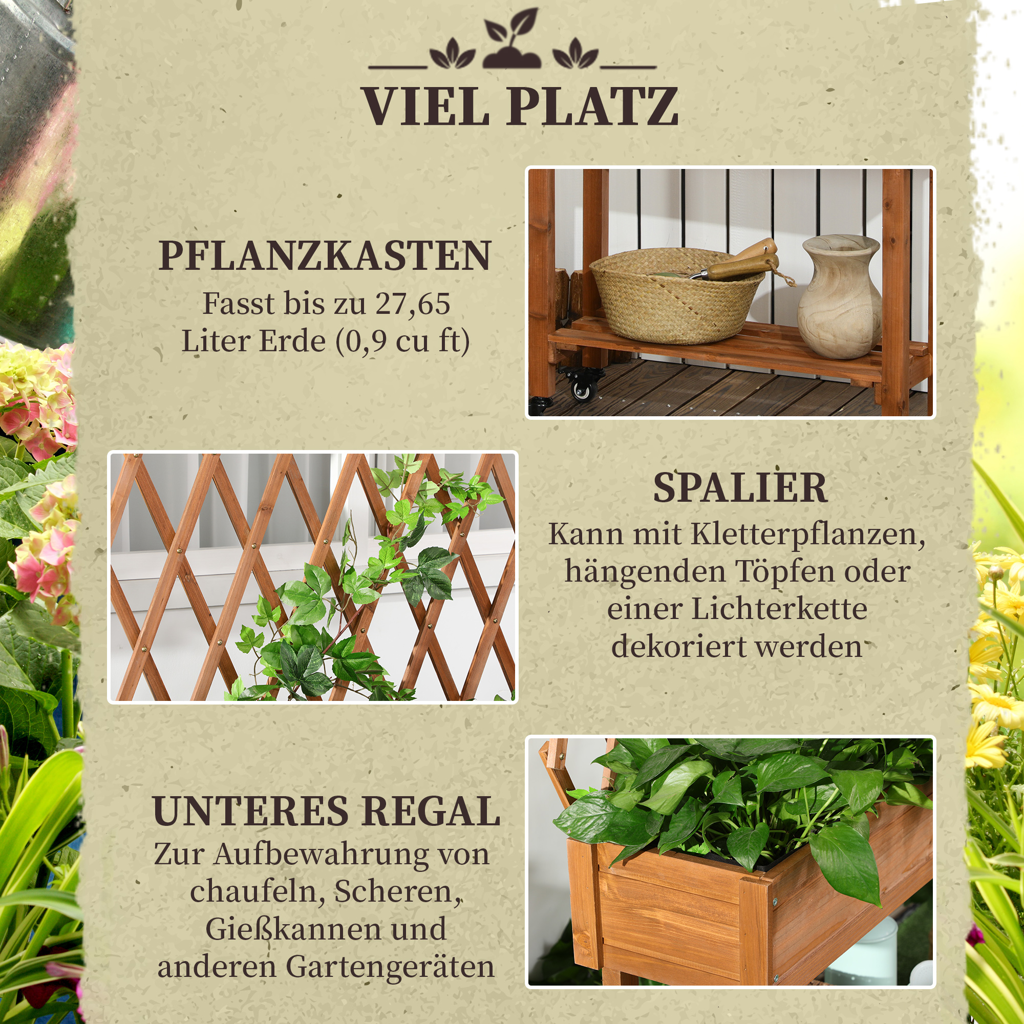 Hochbeet, integriertes Spalier, Ablageregal, Räder, Massivholz, braun, 79 x 29 x 130 cm