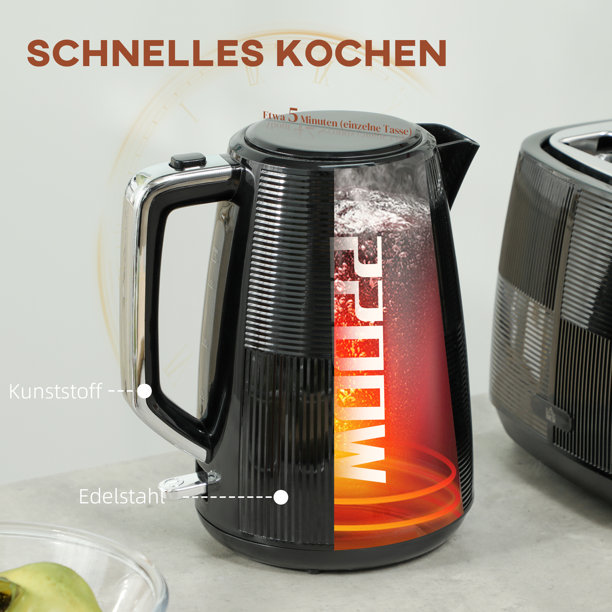 Wasserkocher- und Toaster-Set, 1,7 L, verschiedene Funktionen, Edelstahl, Schwarz
