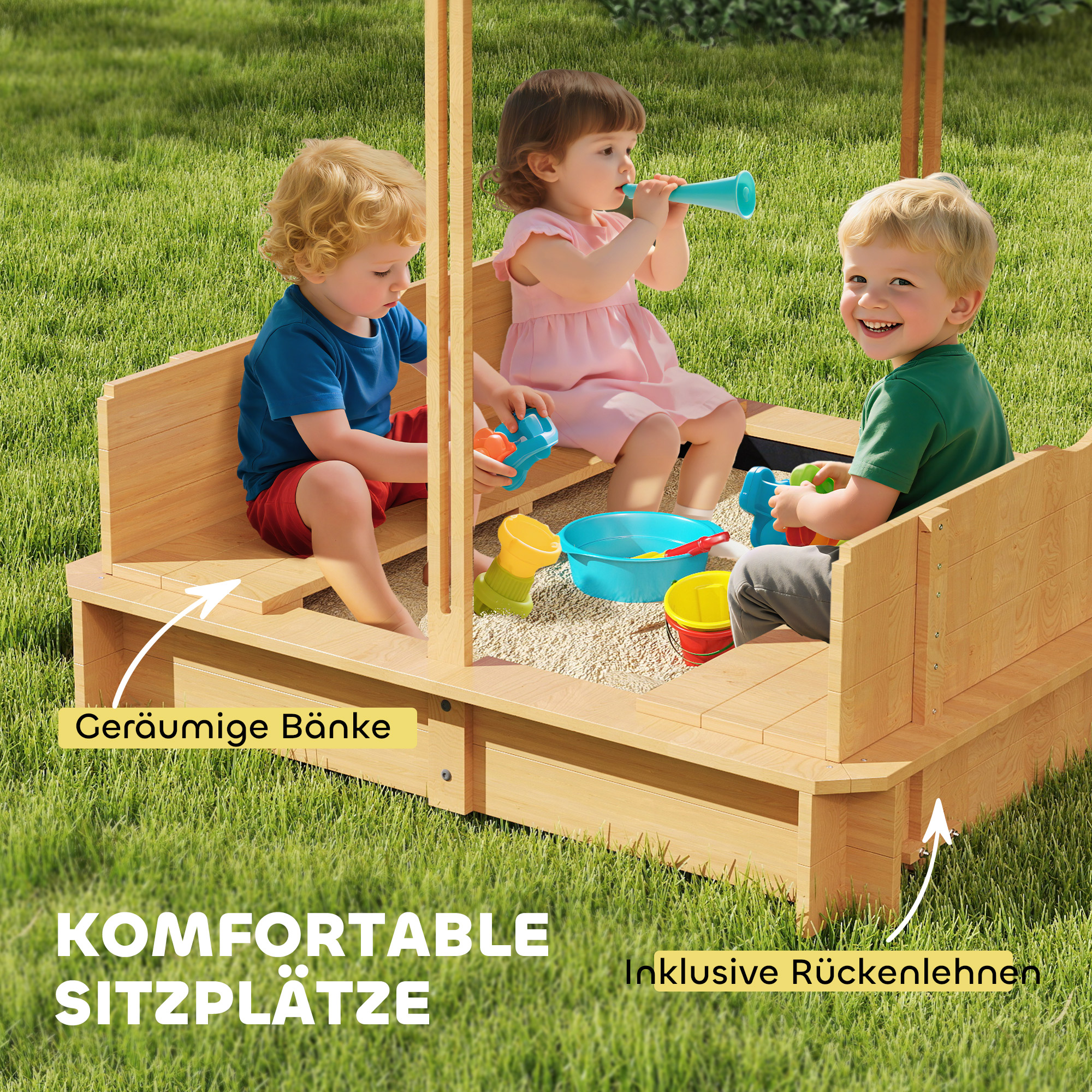 Sandkasten 106x106 cm Kinder Sandbox aus Holz mit höhenverstellbar Abdeckung Sitzbänken Rücklehnen Hellbraun