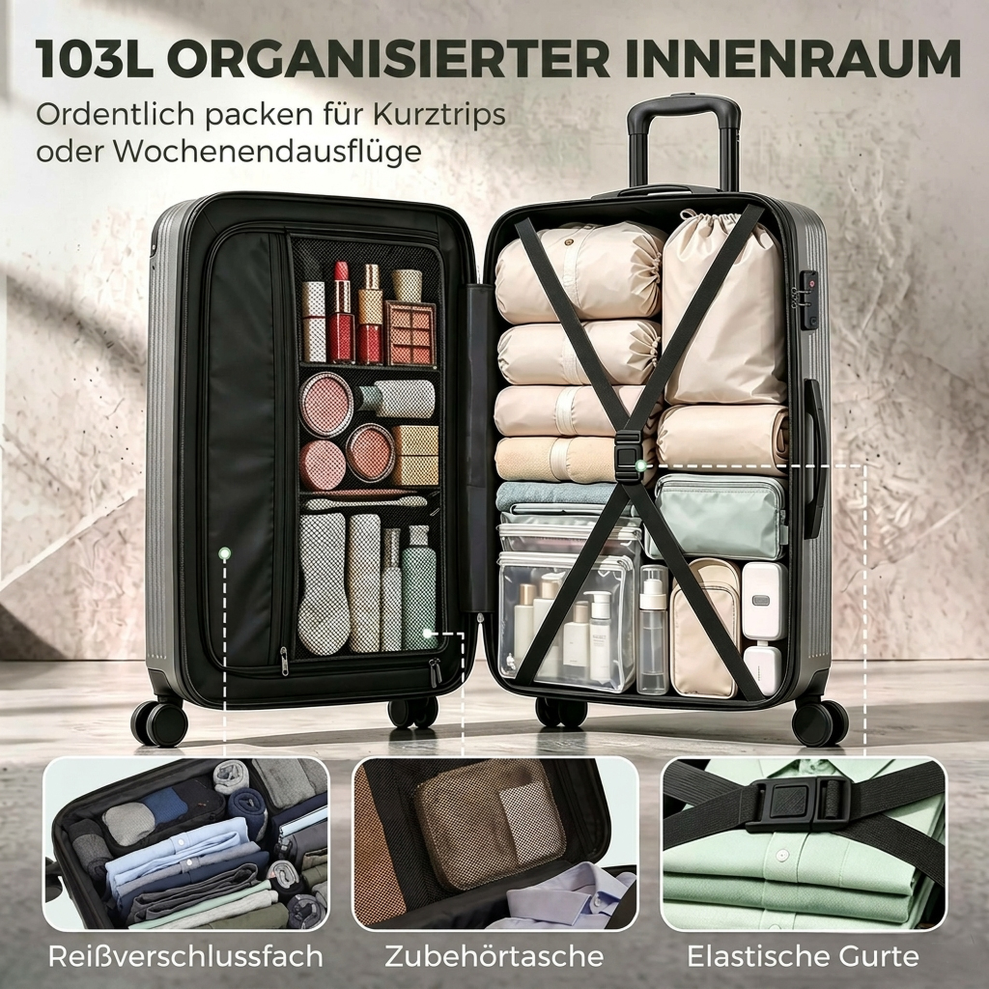 Reisekoffer Hartschale erweiterbar Rollkoffer Trolley 4 Rollen TSA Schloss 77 cm Dunkelgrau