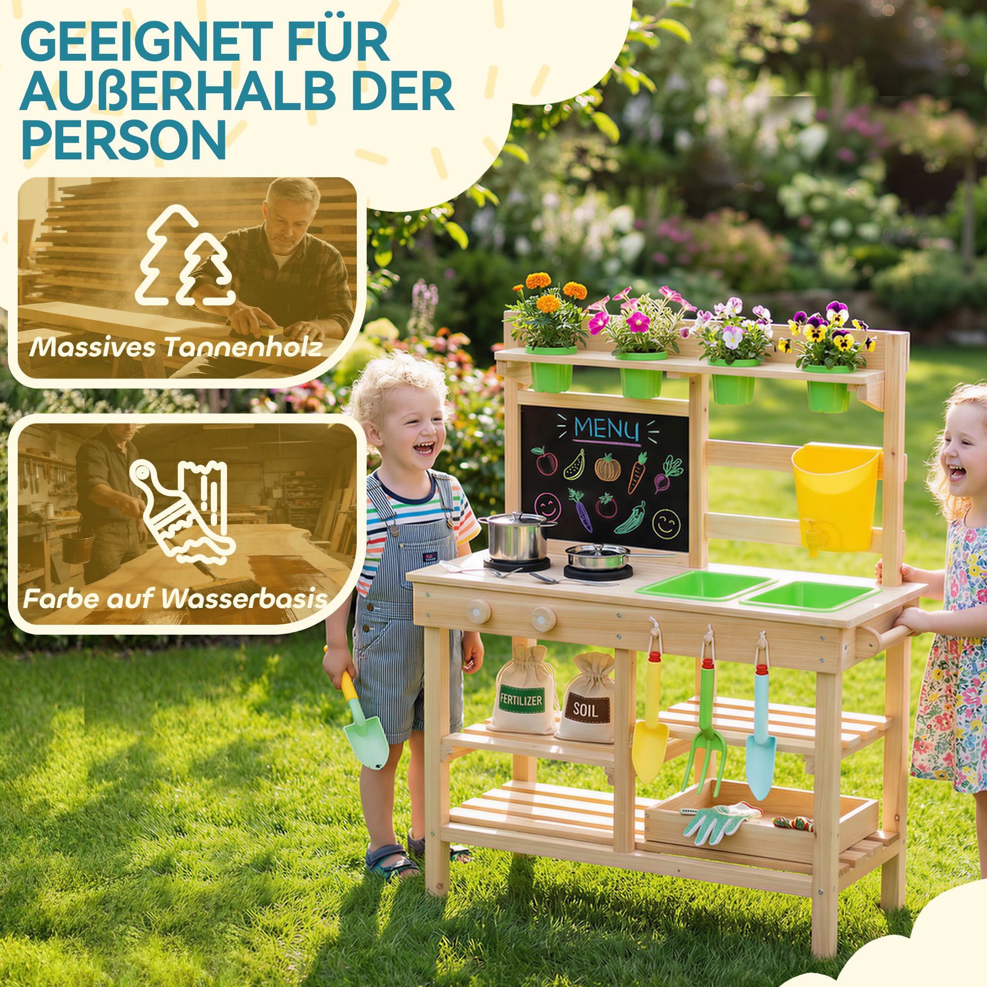 Matschküche Kinder Outdoor, Spielküche aus Holz mit Spüle Herd Pflanztöpfen Tafel für 3-6 Jahre 77x32x95 cm Naturholz