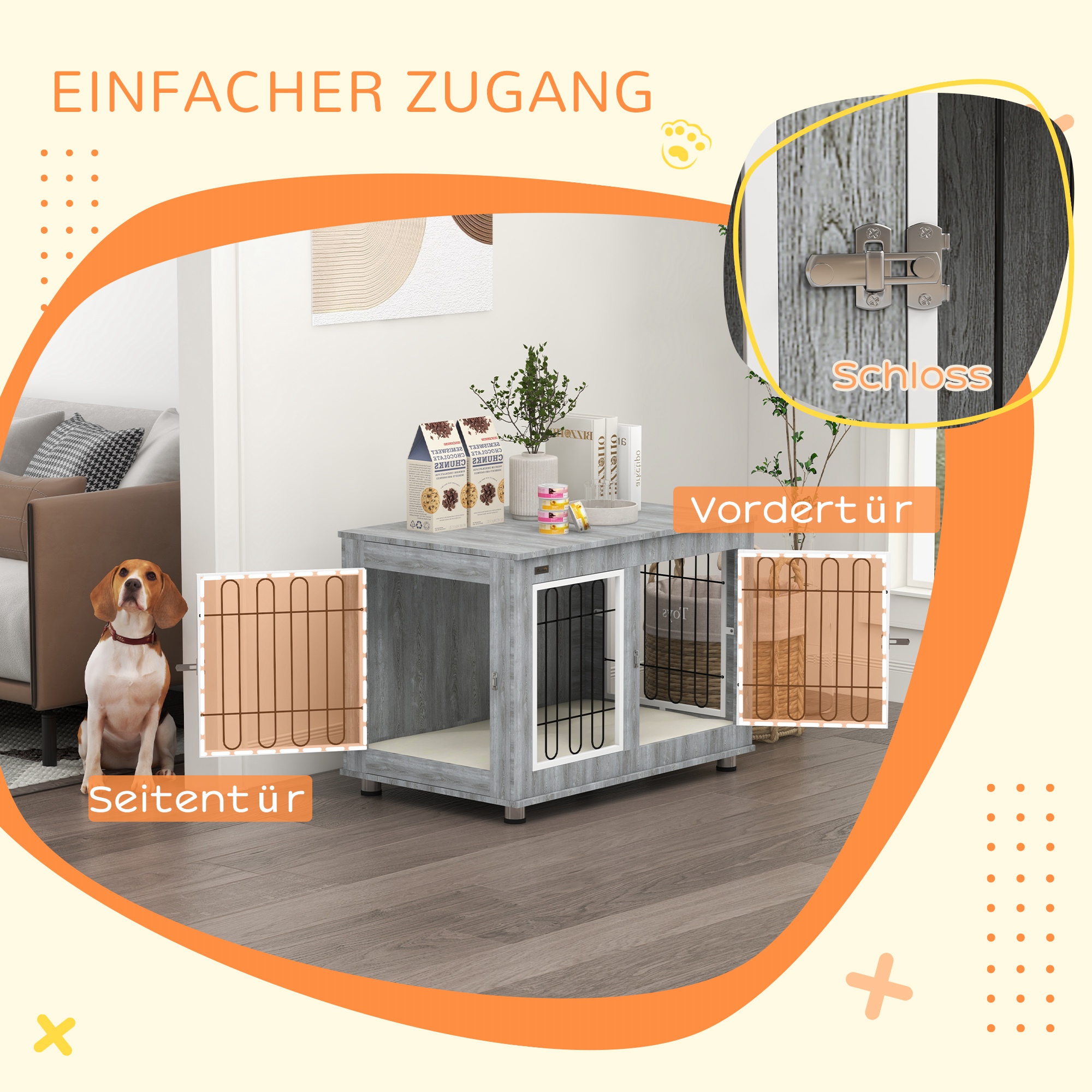 Hundekäfig Hundebox waschbares Polster, 2 Verriegelungen, 90 cm x 58 cm x 65 cm, Grau