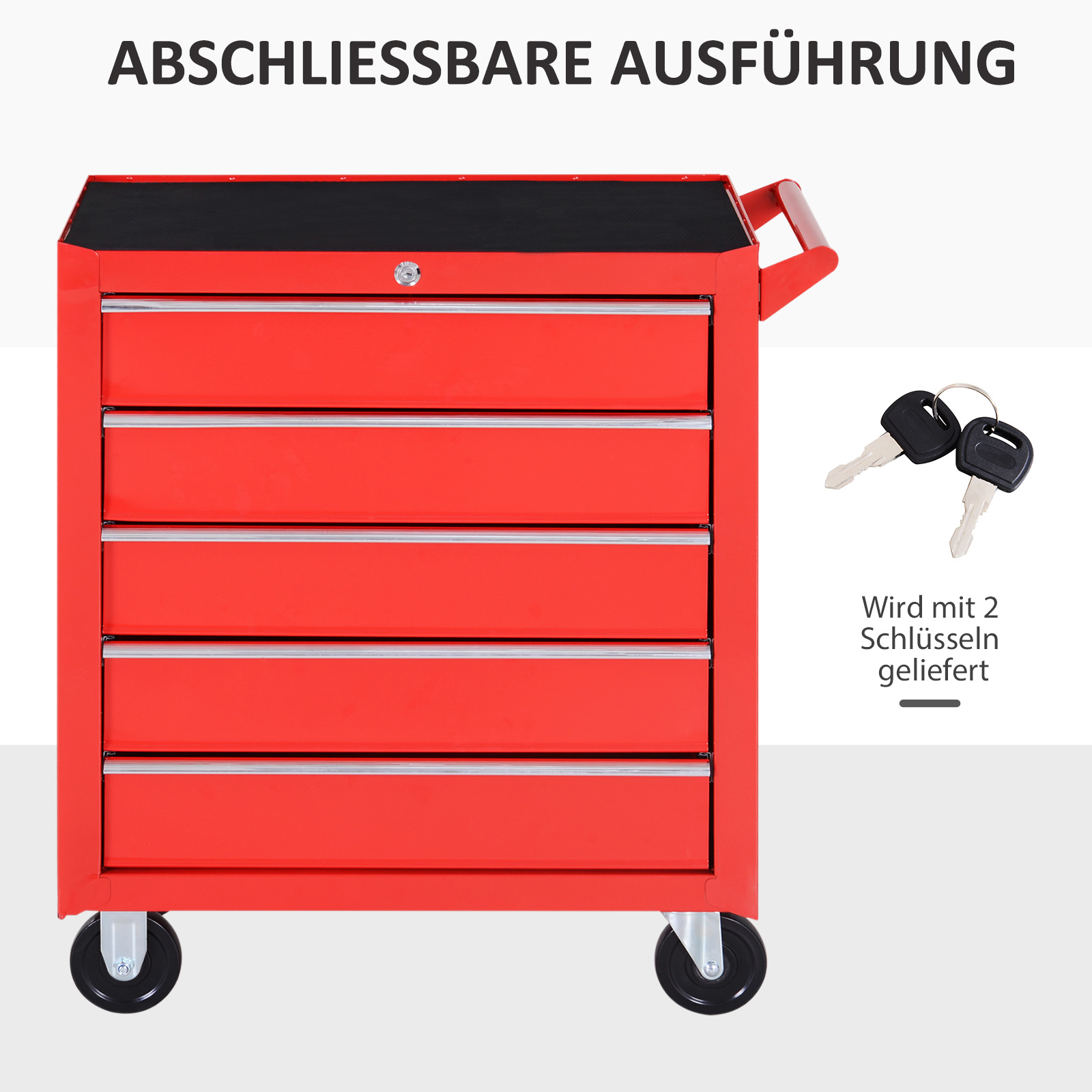 Rollschrank, Werkzeugschrank für Garage, Schuppen, Stahl, 69L x 33B x 75H cm, Rot