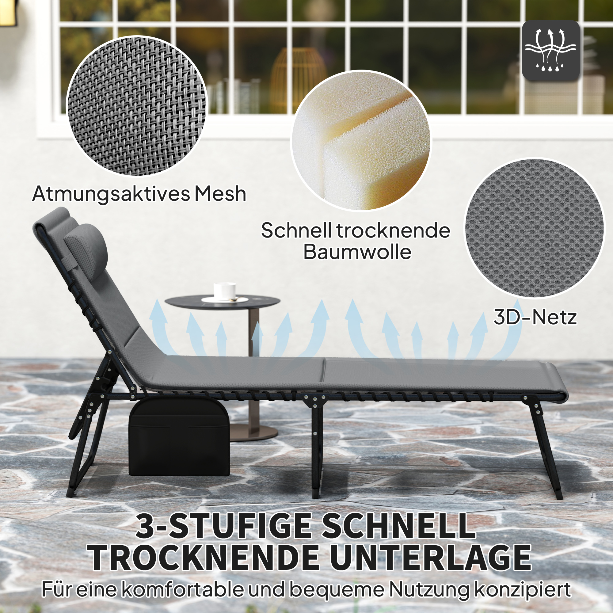 2er Set Sonnenliege klappbar Gartenliege mit Kopfkissen 5-Fach höhenverstellbarer Rückenlehne Seitentasche Dunkelgrau