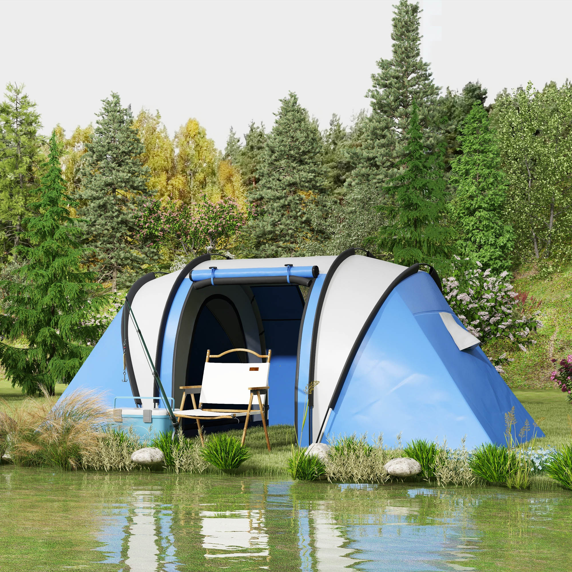 Campingzelt für 4-5 Personen leicht wasserabweisend Familienzelt mit 3 Zimmer Seitentür Fenster Blau