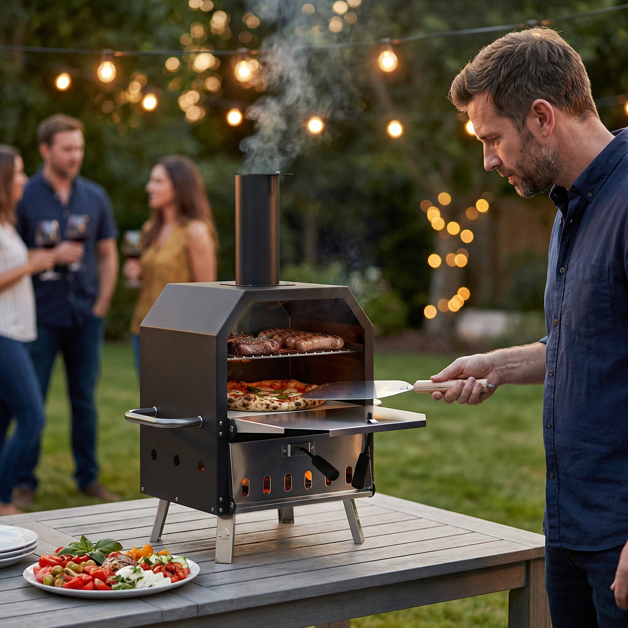 Outdoor Pizzaofen Holzbefeuerter Pizza Ofen Edelstahl 2 Ebene Backofen mit 1cm dick Pizzastein Klappbein