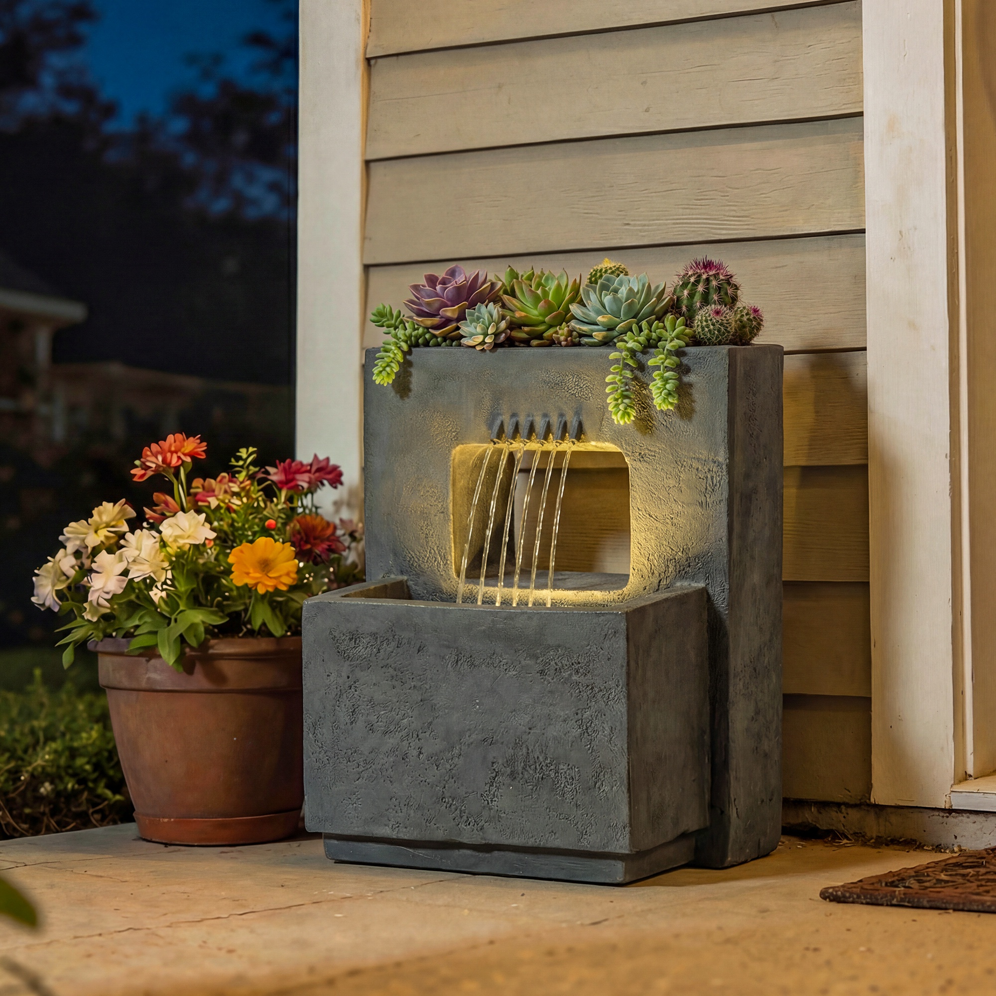 Springbrunnen 2-stufig Gartenbrunnen mit LED Beleuchtung Pflanzkübel Pumpe Steinoptik, Verstellbar 45 x 31,5 x 58,5 cm