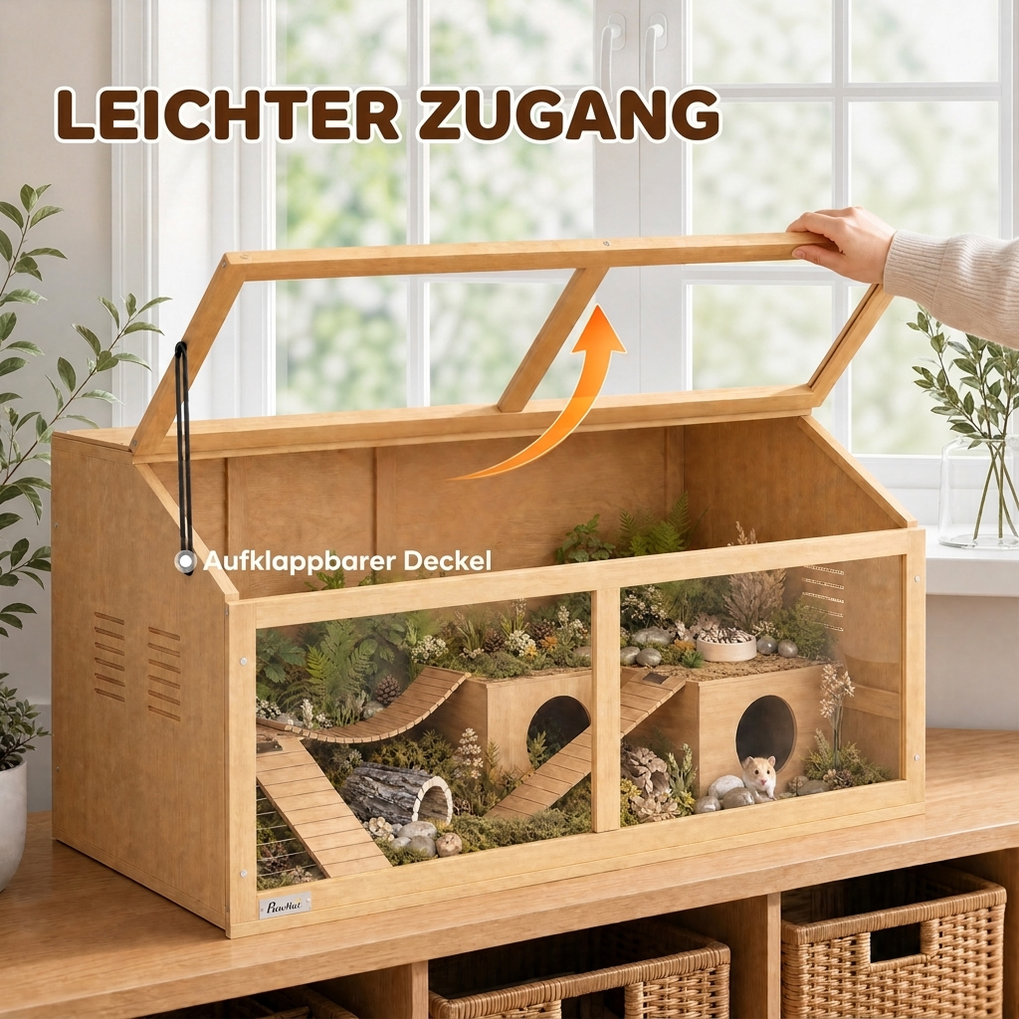 Hamsterkäfig Holz 100 x 52 x 50 cm Groß Nagerkäfig mit Stauraum Klappdach Acrylfenster Lüftungsöffnung Plattform