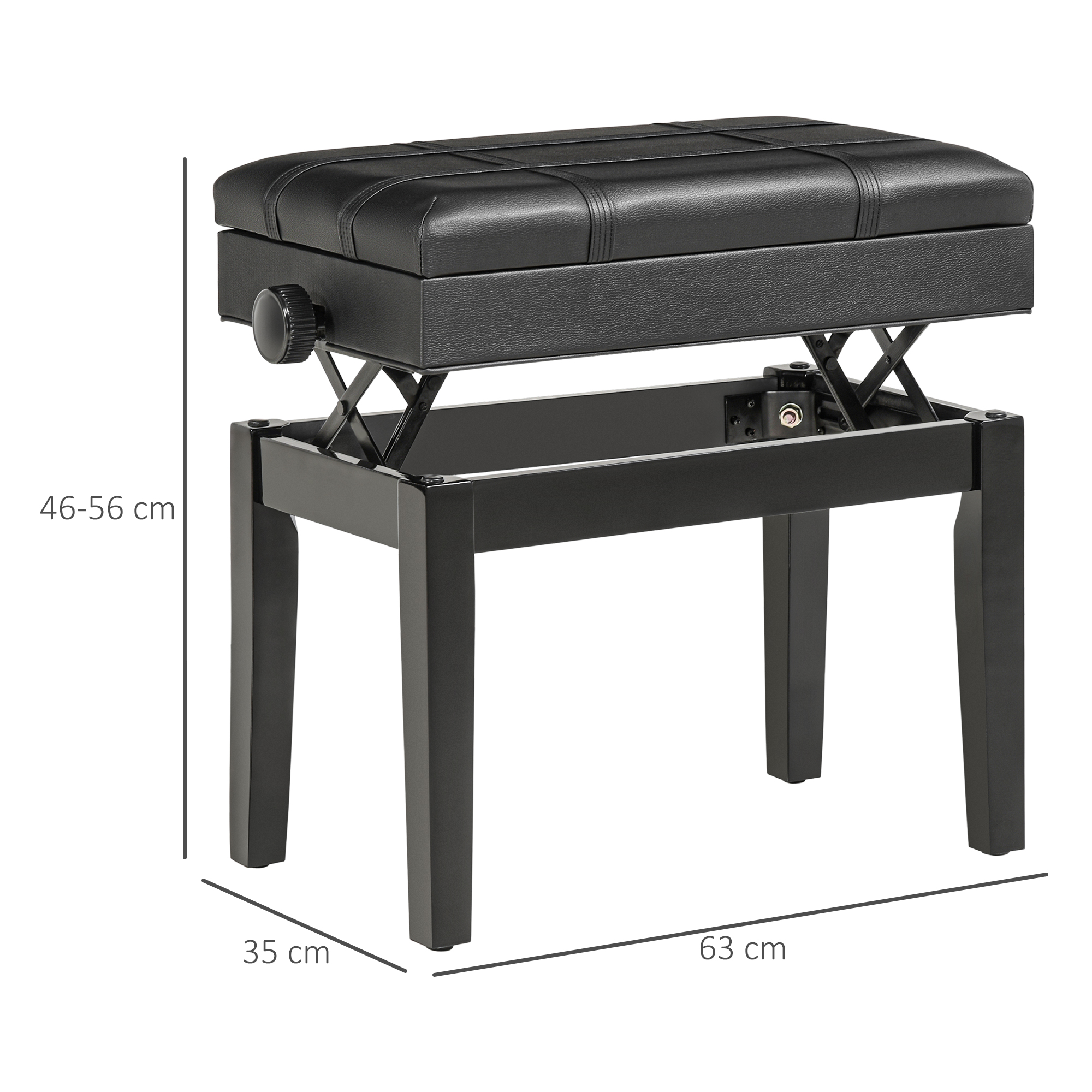Klavierbank mit versteckten Stauraum, Sitzhocker, höhenverstellbar, Kunstleder, Schwarz