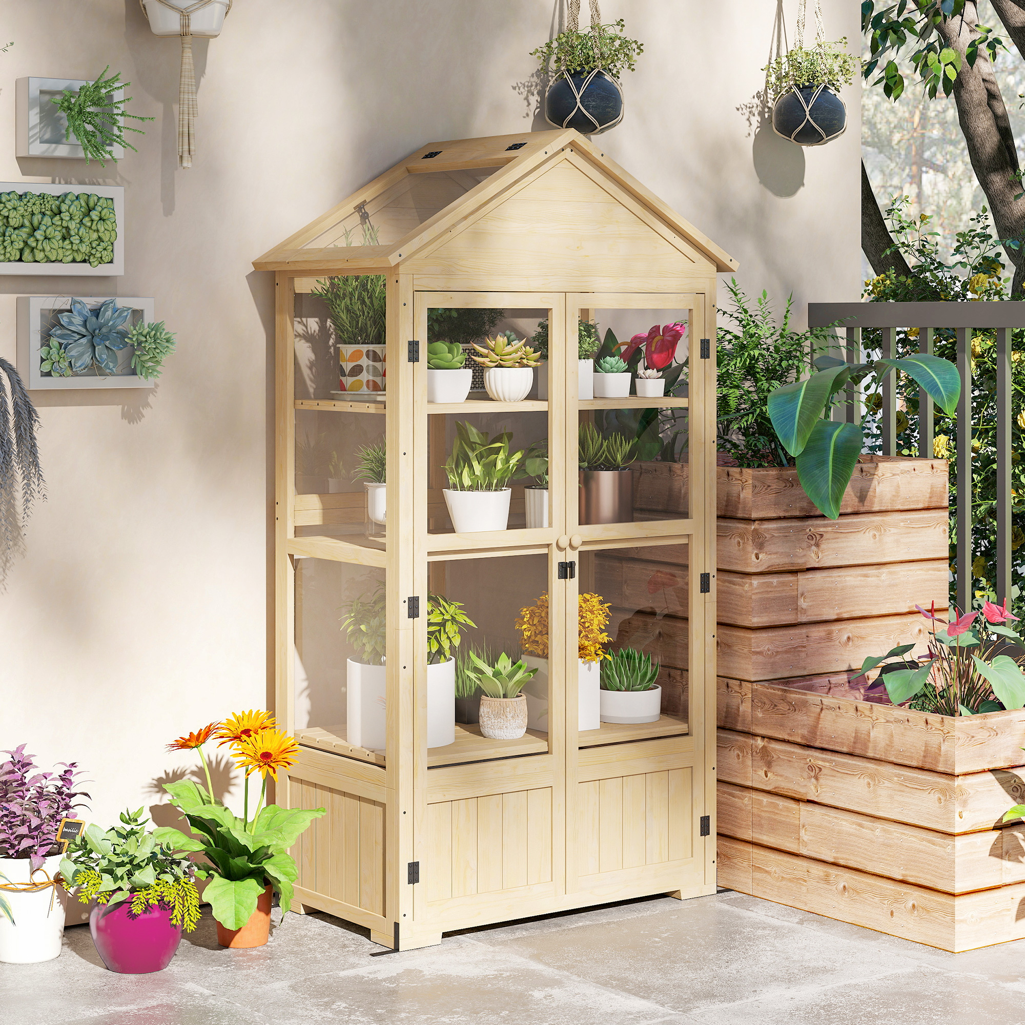 Gewächshaus, mit Regal, Dachfenster, verriegelbare Tür, Acryl, Holzrahmen, 100 x 56, 5x 178 cm