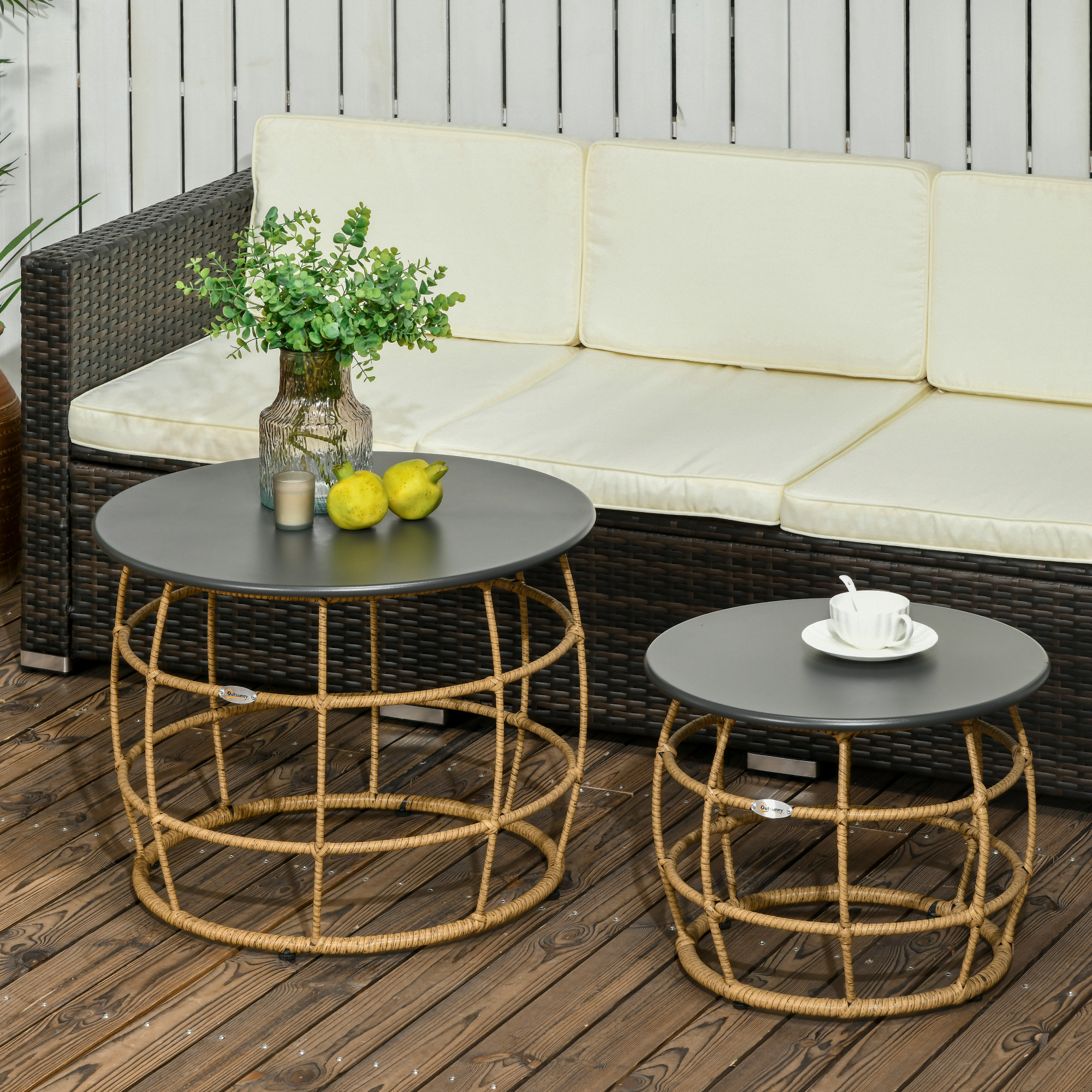 2er-Set Gartentische im Boho-Stil, wetterbeständig, stapelbar, 60 cm x 60 cm x 47 cm, Natur + dunkelgrau