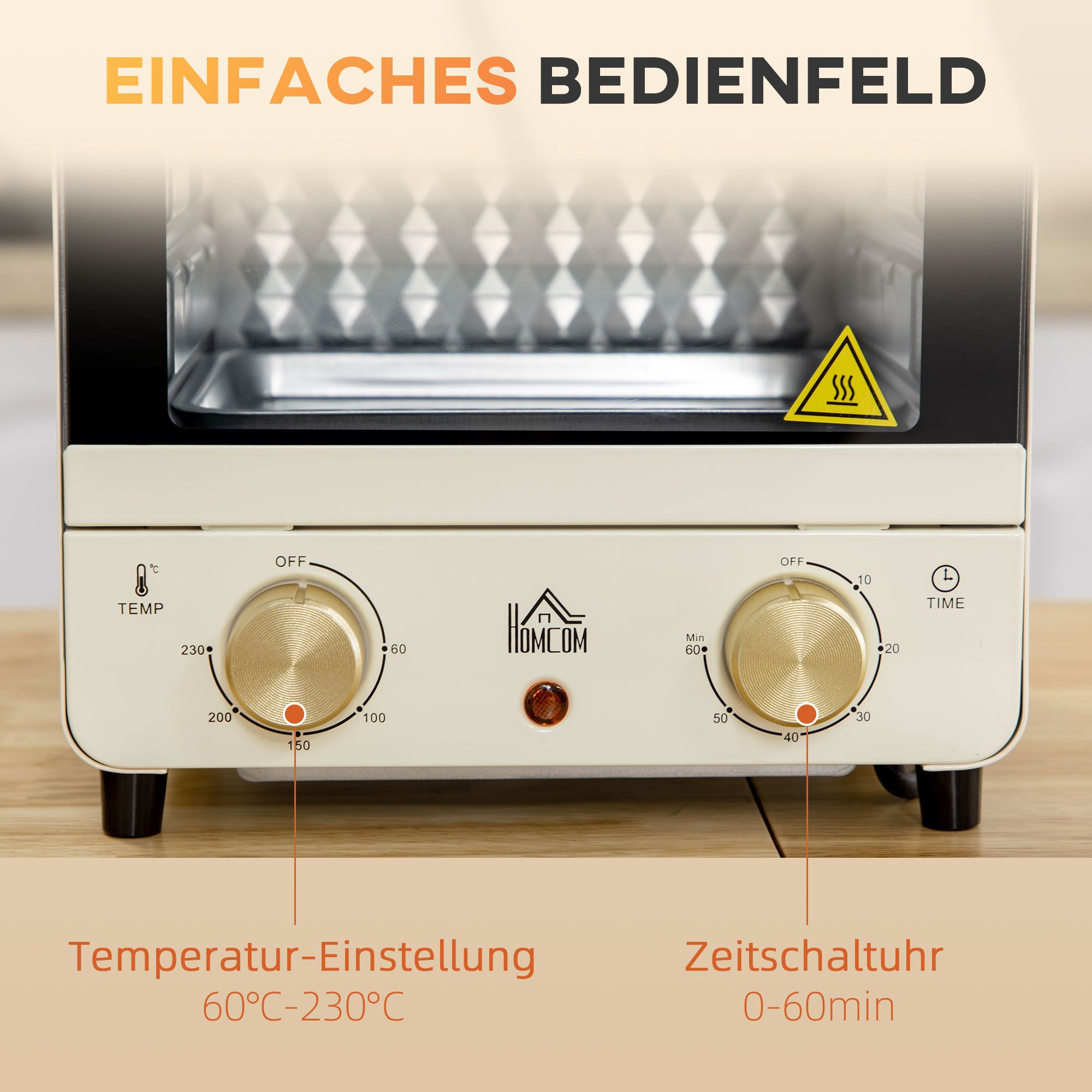 Mini Ofen 15L Fassungsvermögen, höhenverstellbares Backblech und Gitterrost, 1000W, Cremeweiß