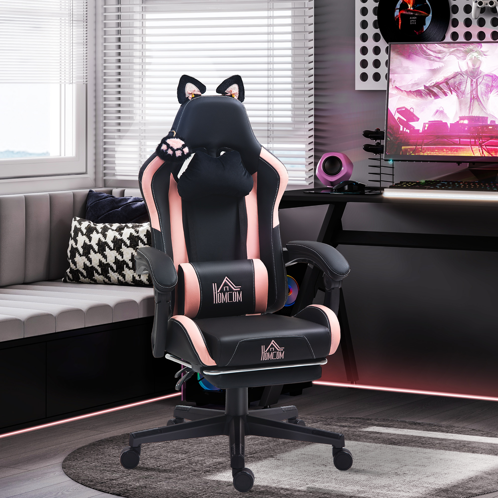 Gaming-Sessel mit Katzenohren, neigbare Lehne, ausziehbare Fußstütze, bis 120 kg, Rosa/Schwarz