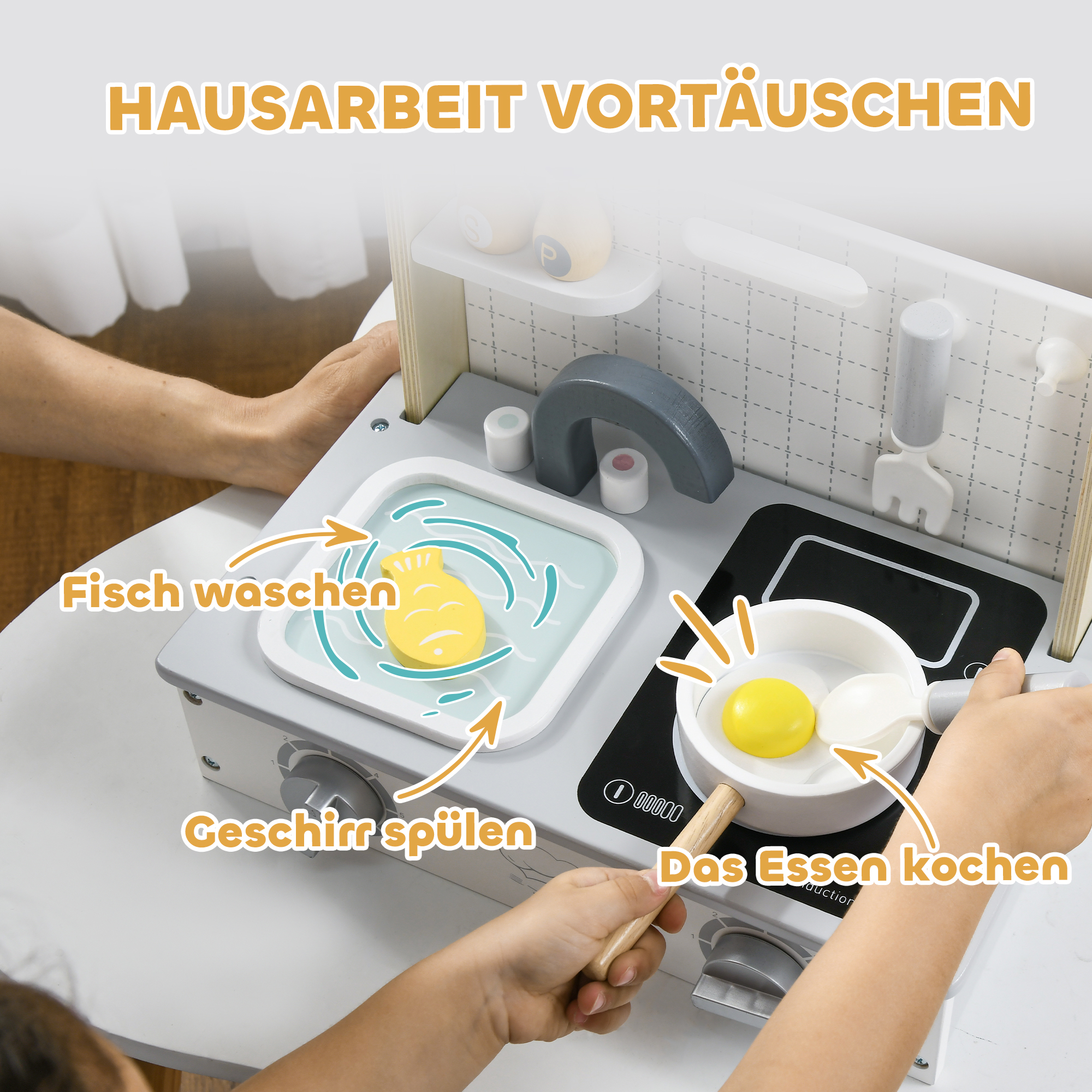 Kinderküchen-Set, 10-teilig, mit Gewürzflaschen, Topf, Ei, Fisch, 36x21,5x25 cm, Grau/Gelb