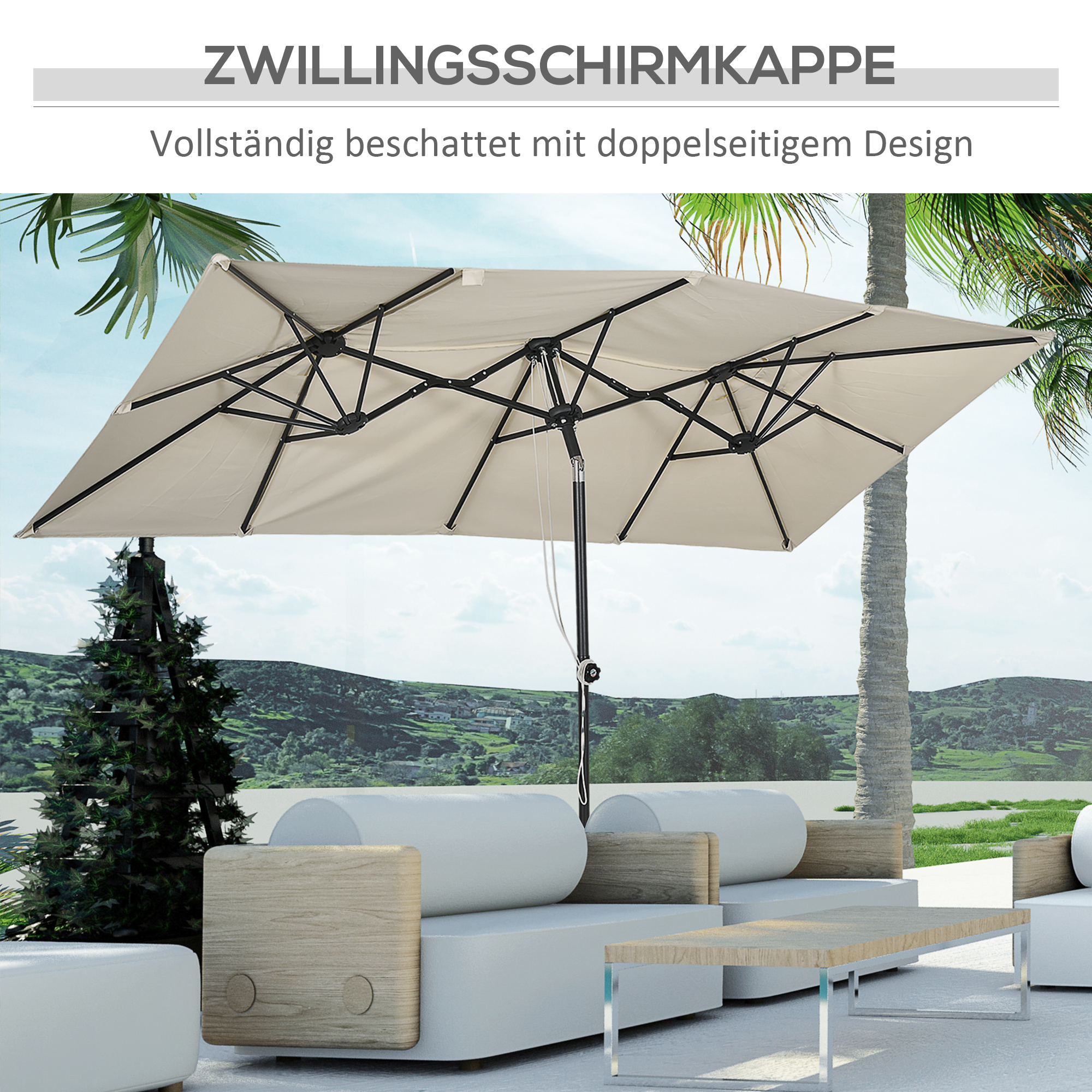 großer Sonnensschirm, höhenverstellbar, neigbar, 150x295x170-214 cm, Creme