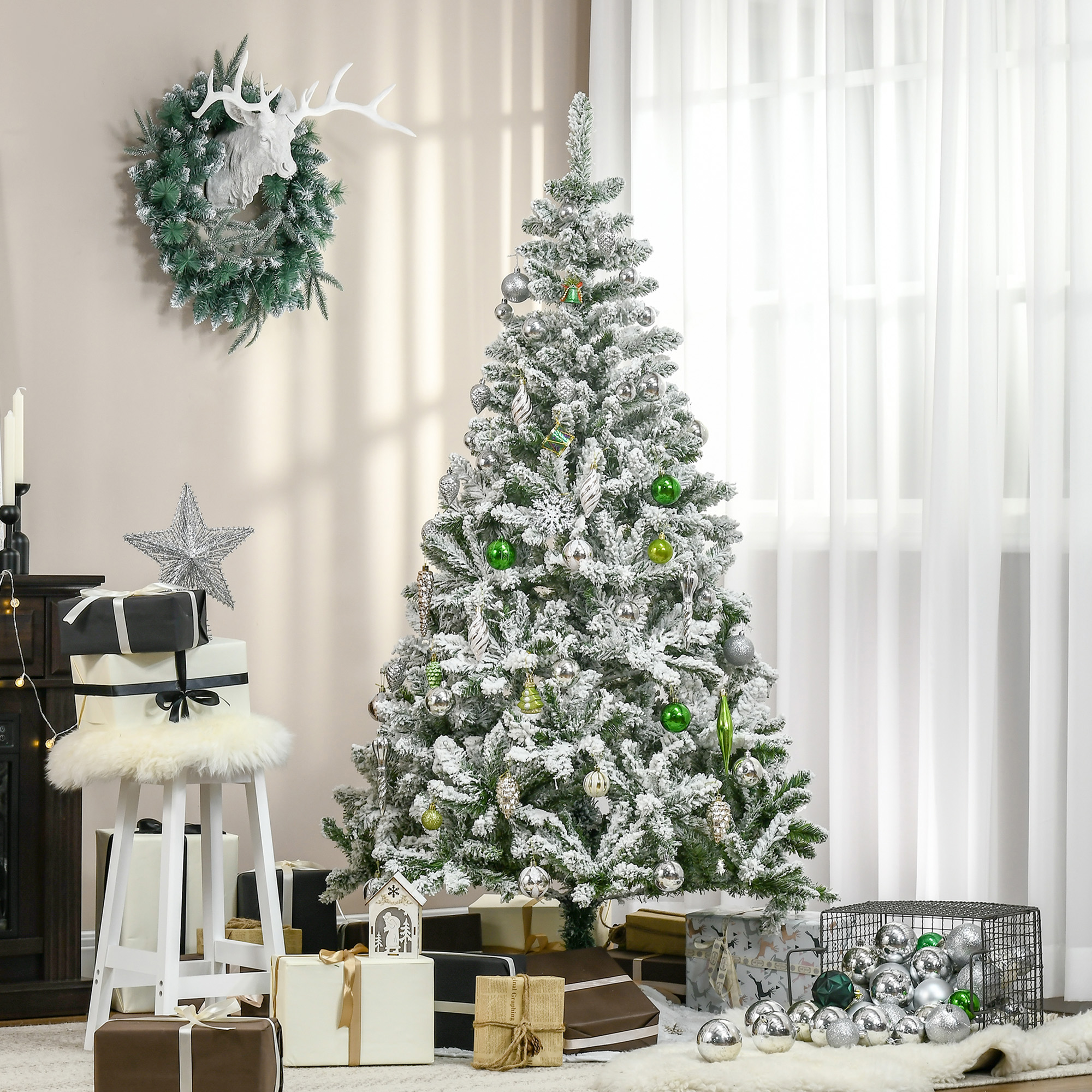 Künstlicher Weihnachtsbaum, Schnee-Effekt, flammenhemmend, Scharnierkonstruktion, Grün/Weiß