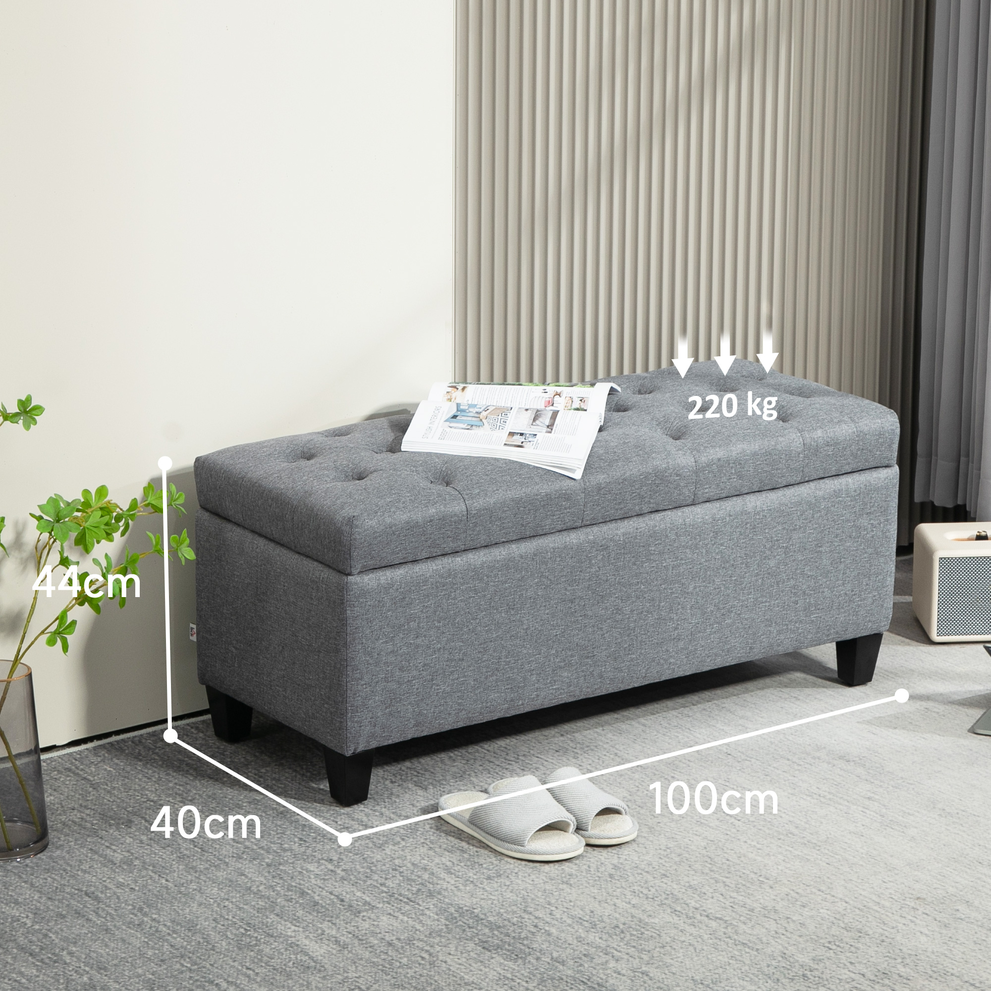 Sitzbank, Polsterbank mit Stauraum, leinenartiges Polyester, Kautschukholz, 100 x 40 x 44 cm, Hellgrau