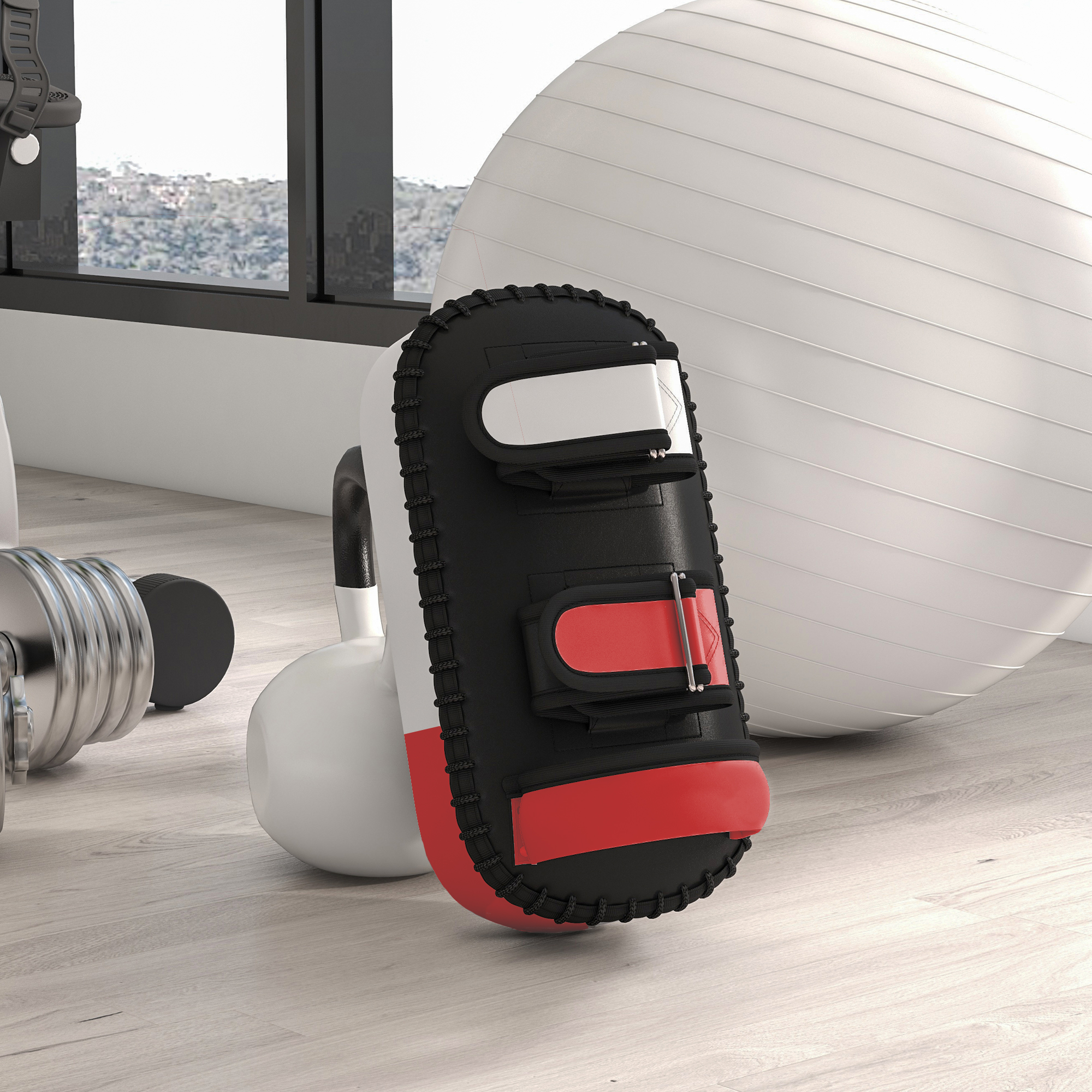 Kickpolster fürMuay Thai, Kickboxen, Kunstlederbezug, 0,4 kg, 38x20x18 cm, Schwarz/Rot/Weiß