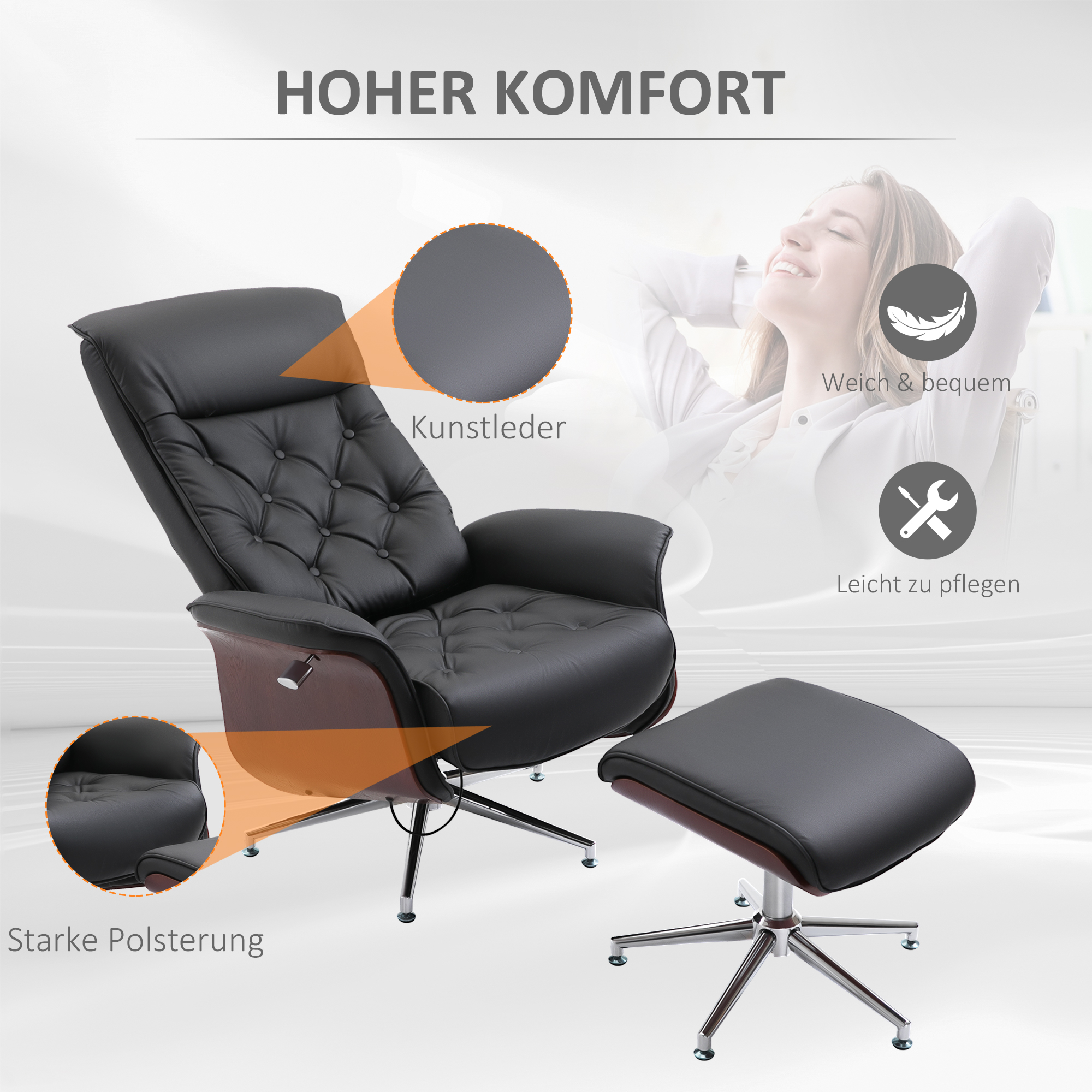Relaxsessel mit Hocker Fernsehsessel Polstersessel 360° drehbar 145° neigbar mit Retro-Design Chesterfield PU-Bezug Holzverkleidung Metallfuß Schwarz 82 x 83 x 110 cm
