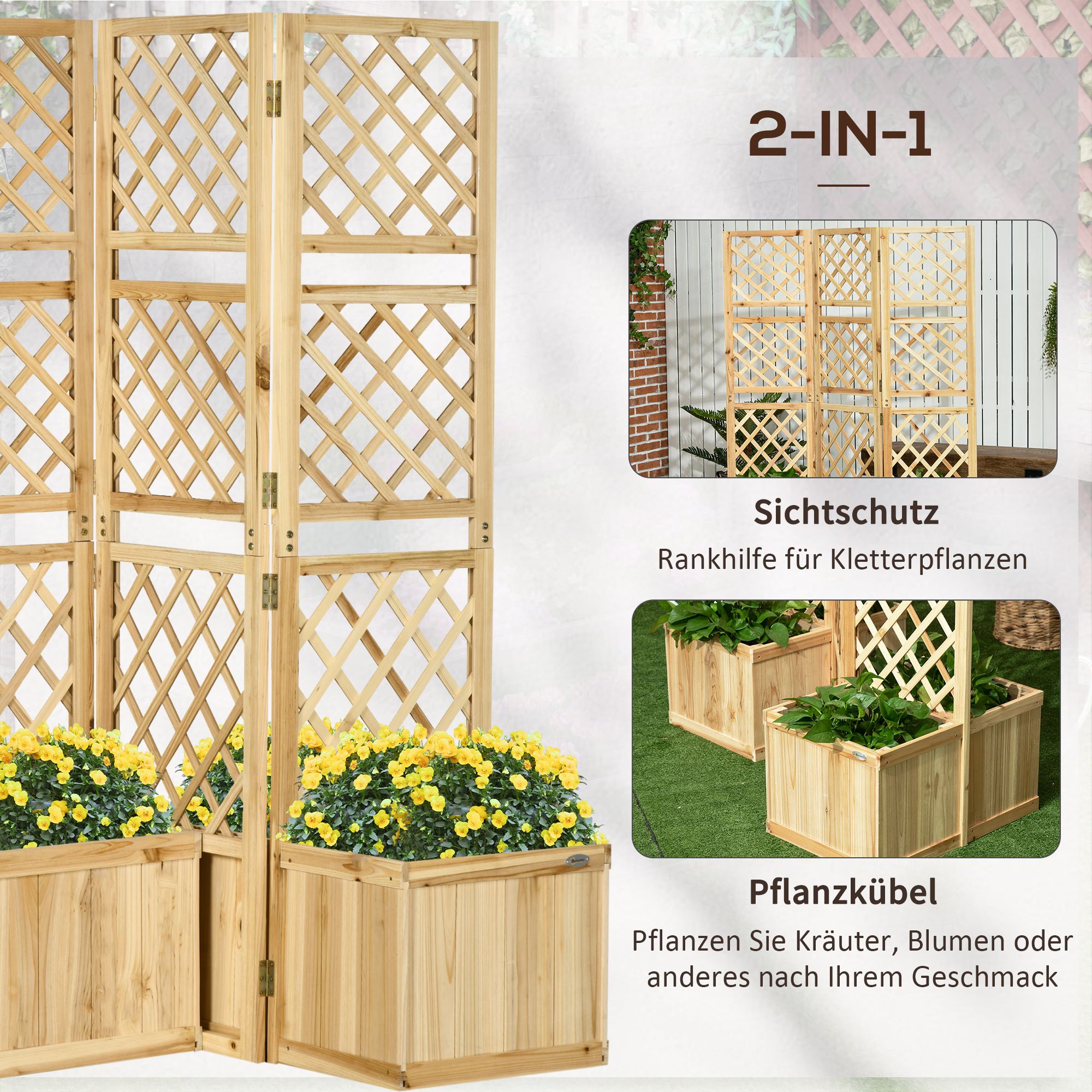 Paravent, Sichtschutz für Garten, dreifach klappbar, 4 Blumenkästen, Massivholz, Naturfarbe, 133 x 62 x 165 cm