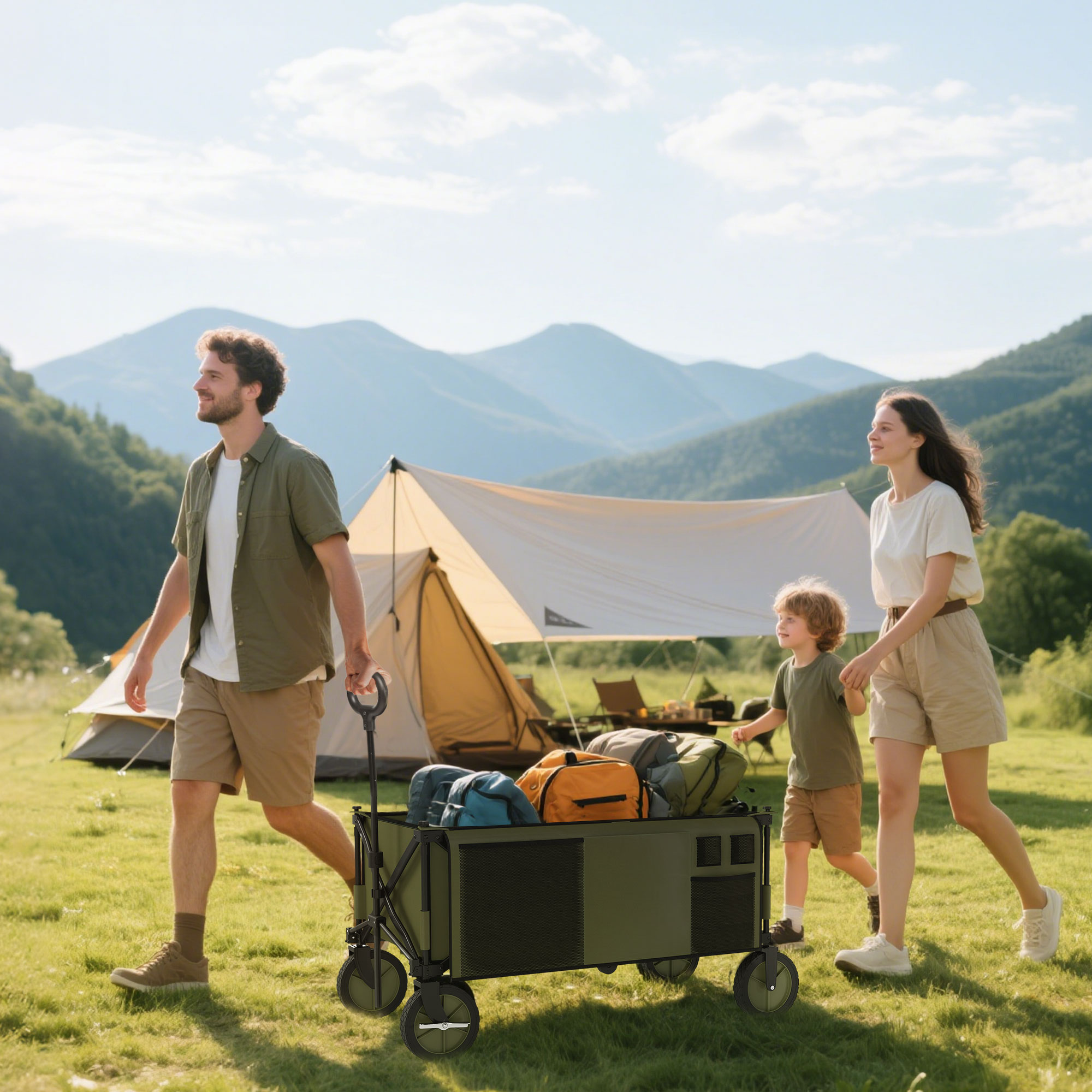 Bollerwagen, klappbar, 5 Seitentaschen, verstellbarer Griff, bis 120 kg belastbar, Stahl, 108 x 55 x 93 cm, Grün