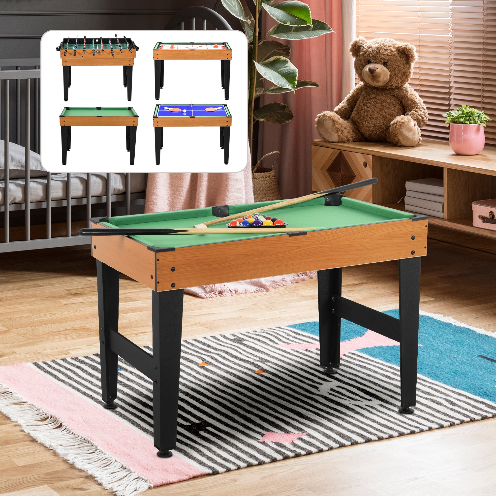 4-in-1 Partyspieltisch inkl. Tischtennis, Kicker, Billard, Tischhockey, Metall, Holz, Natur+Schwarz