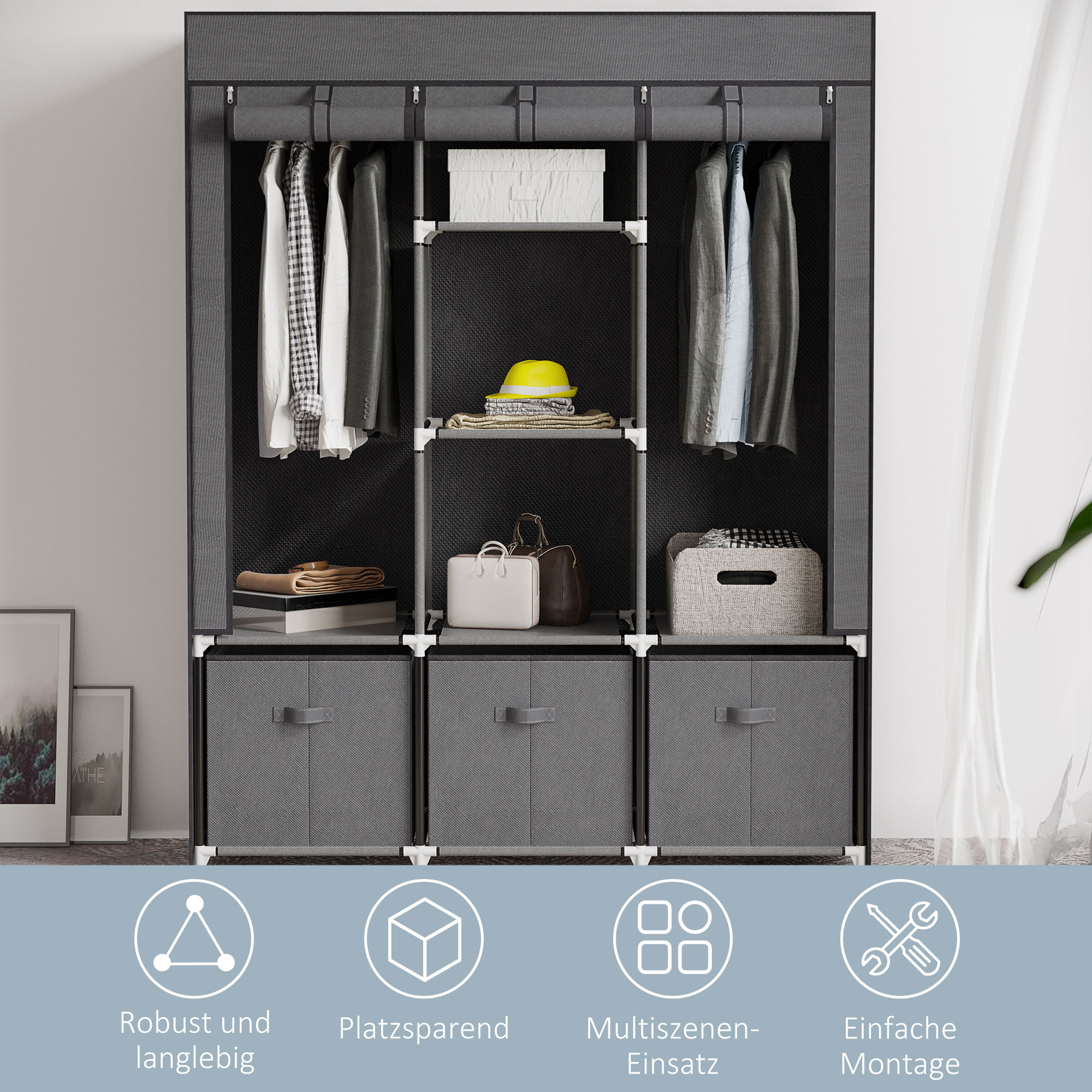 Stoffschrank aus Vlies, Faltschrank, inkl. 3 Schubladen, 125 cm x 43 cm x 162,5 cm, Grau