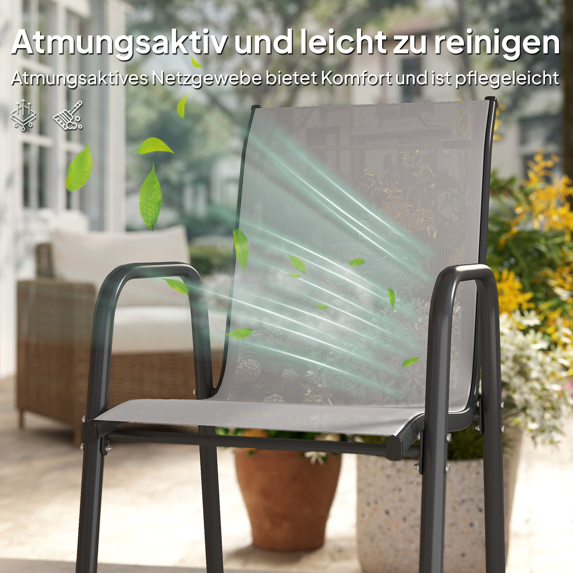 Gartenstühle 4er Set Stapelbare Terrassenstühle mit Atmungsaktive Rücken, Armlehnen 120 kg Belast