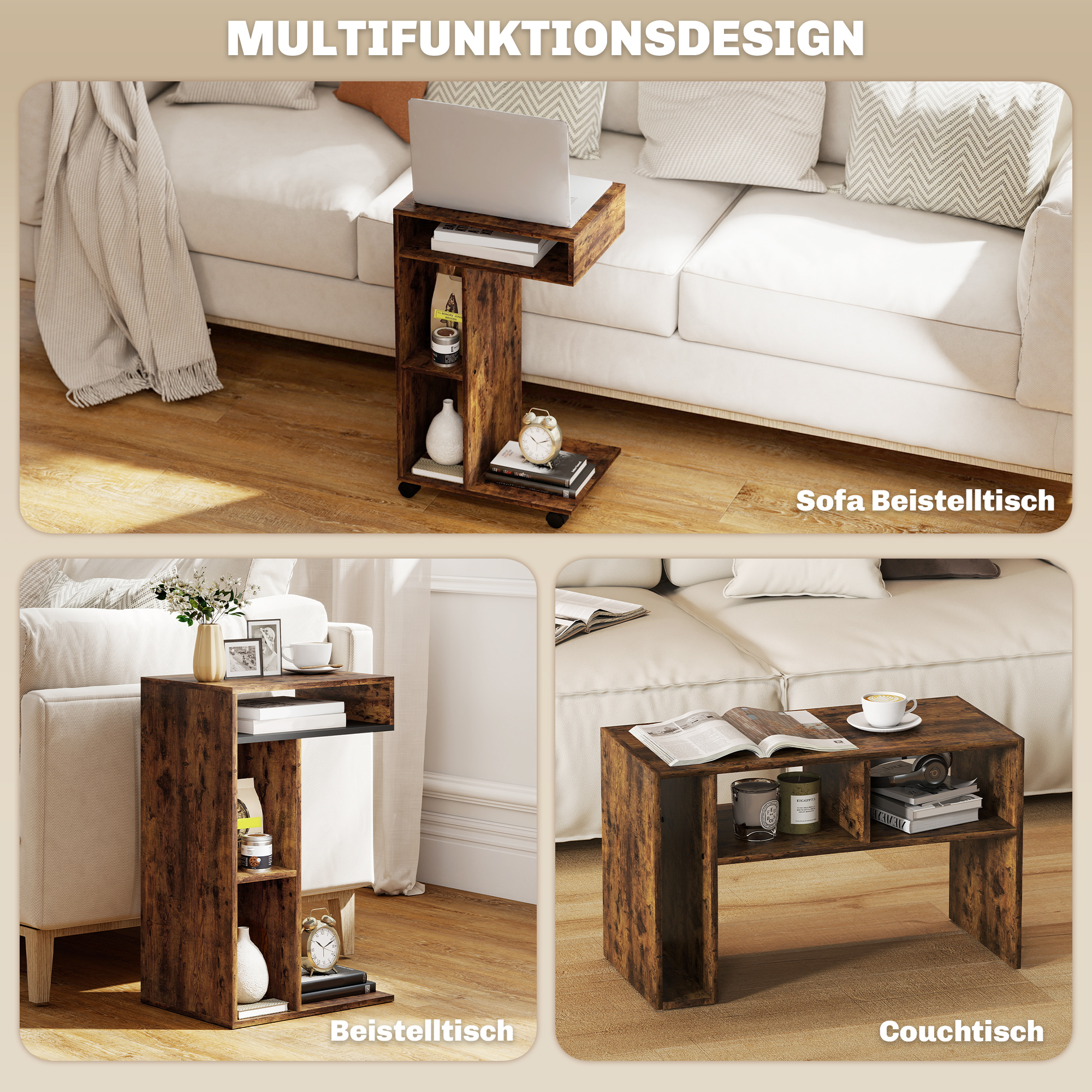 Beistelltisch, C-förmiger Servierwagen, 4 Rollen, 3 Fächer, 40 x 30 x 69 cm, Rustikal-Braun
