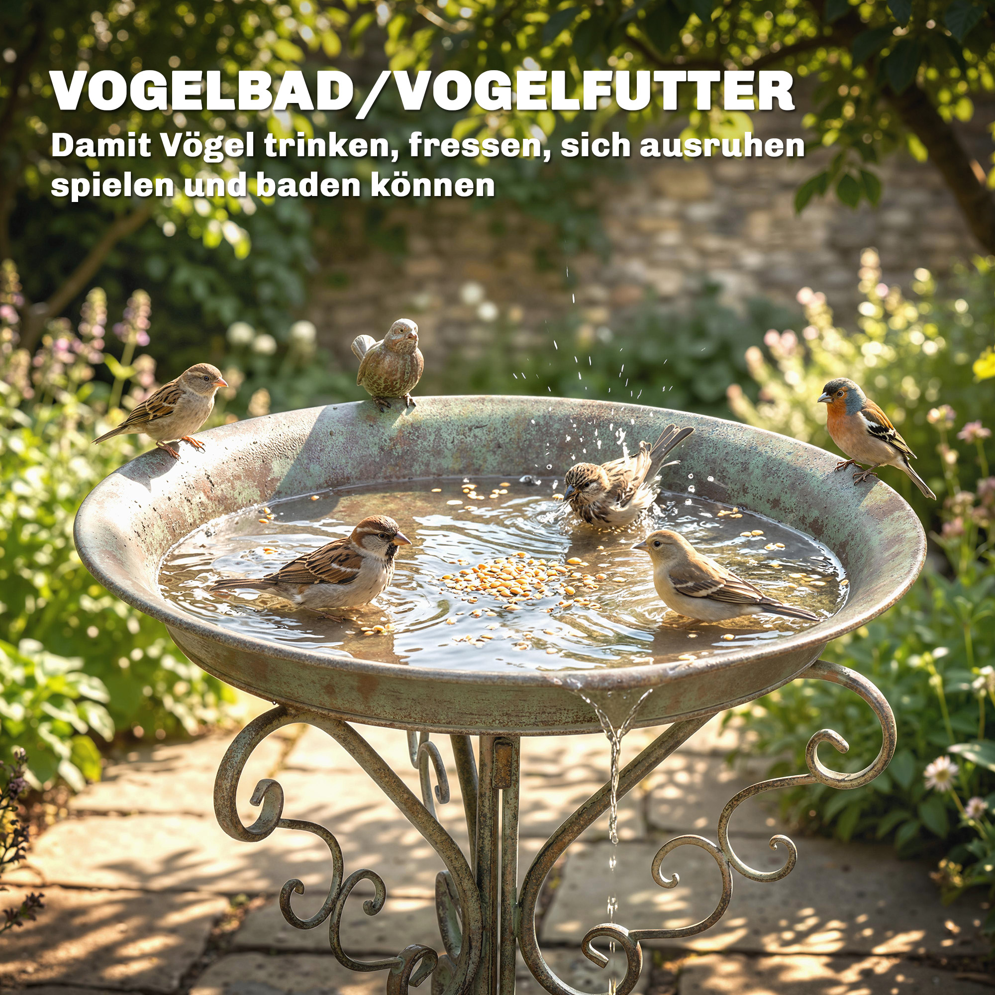 Vogelbad mit Vogelstatue und dekorativem Standfuß, Vintage Garten Vogelbad Schale Sockel, Grün