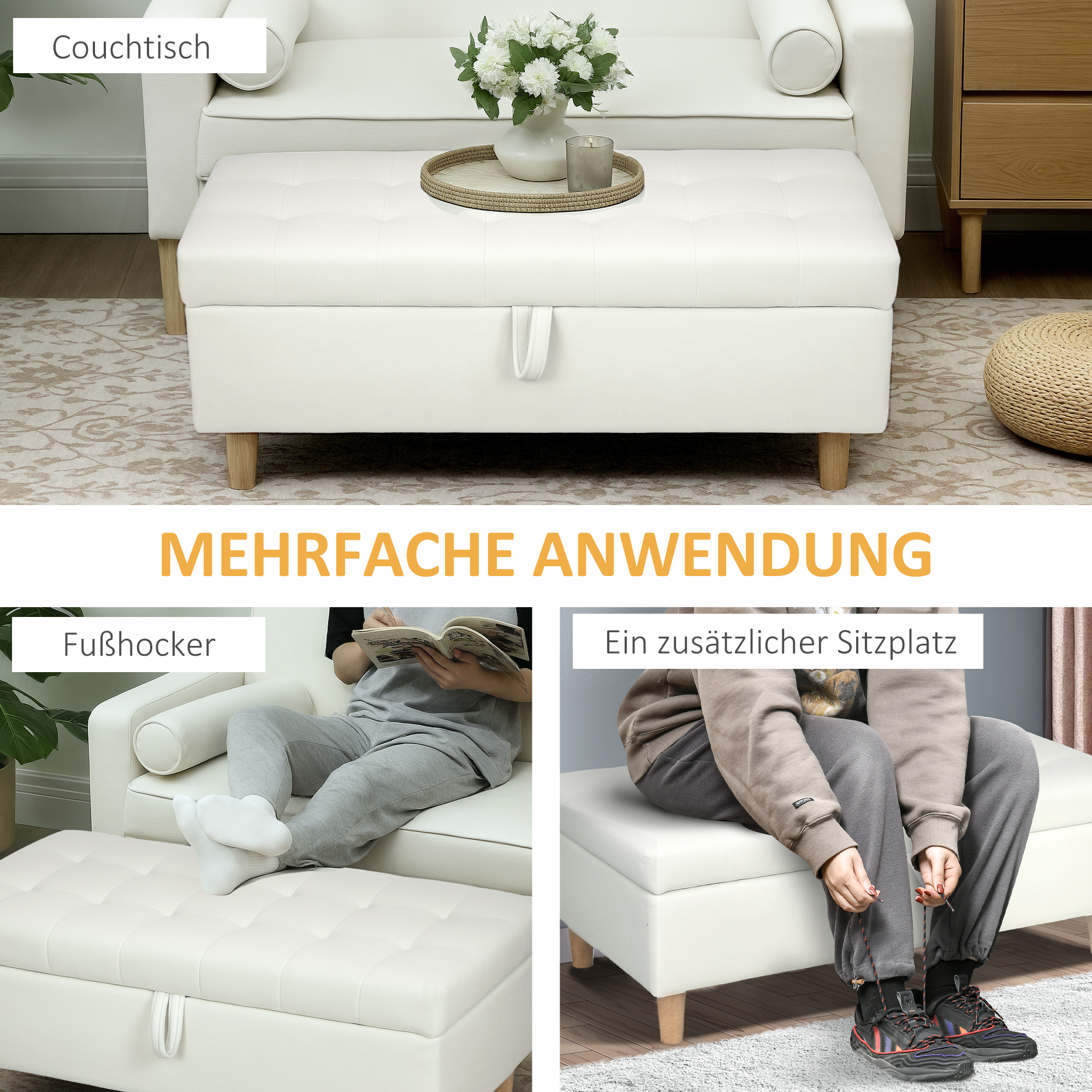 Polsterhocker mit Stauraum, Holzbeine, weicher Stoffbezug, Cremeweiß