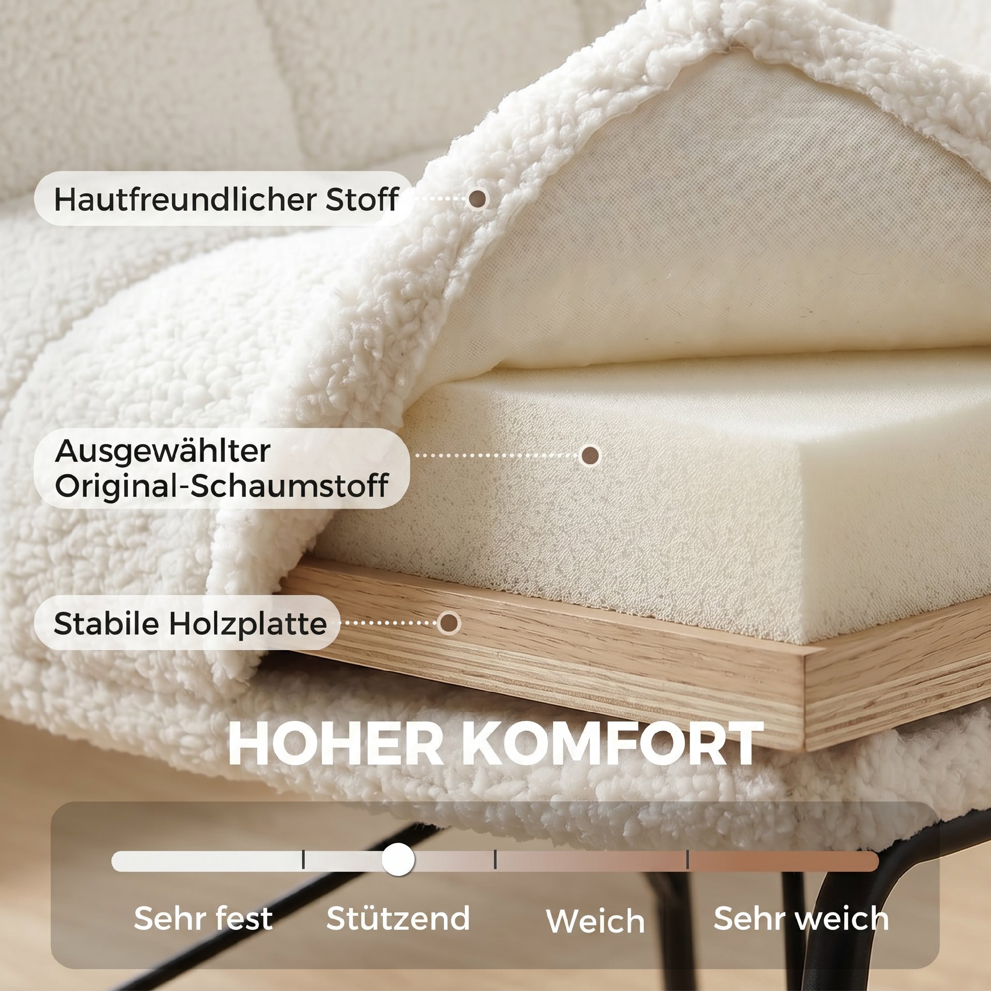 Moderner Loungesessel, Sherpa-Fleece Sessel mit gebogener Rückenlehne, integrierten Armlehnen, Metallbeinen, Cremeweiß