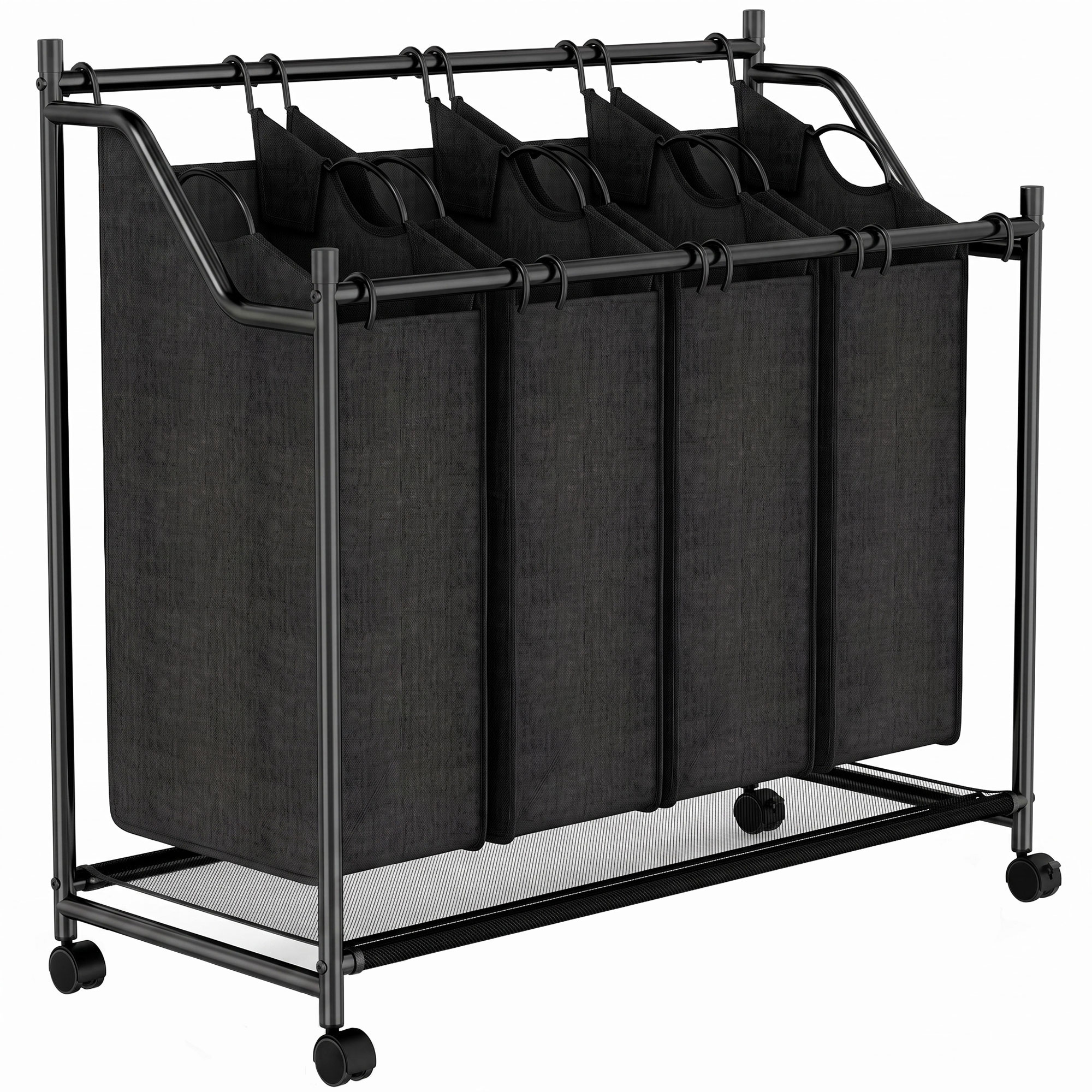 Wäschesammler mit Griff, 108 L rollbarer Wäschekorb mit 4 Fächern und Rollen, Schwarz