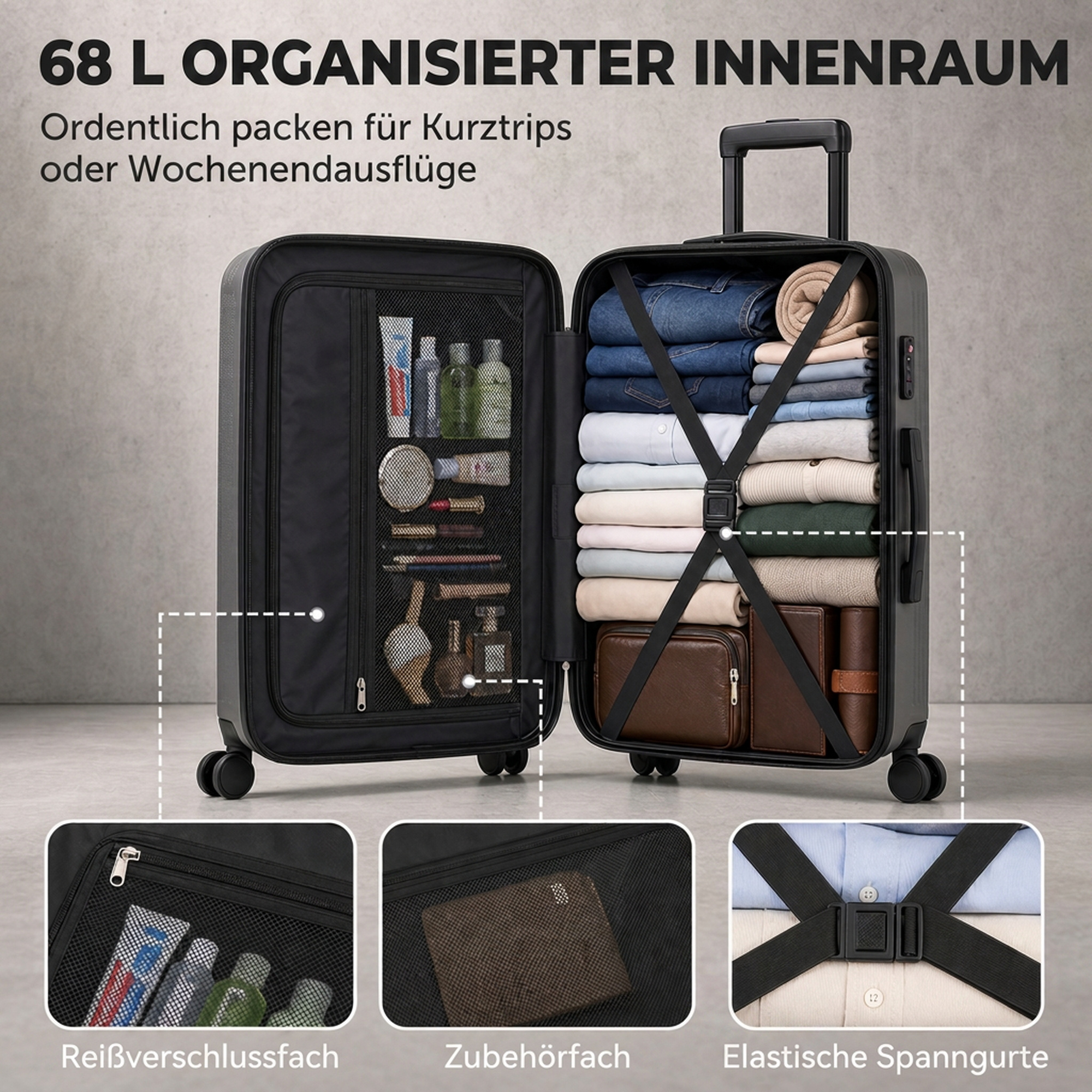 Hartschalenkoffer 66 cm, erweiterbar, ABS, mit 4 Spinner-Rollen, oberem und seitlichem Griff, TSA-Schloss, Dunkelgrau