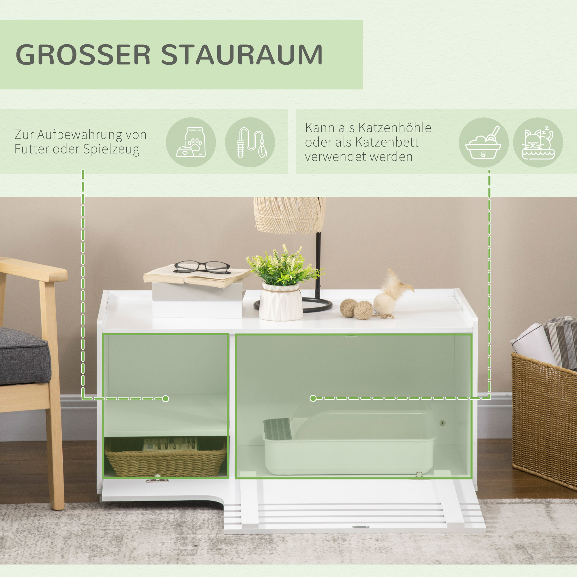 Katzenschrank mit 2 Regalen 2-in-1 Design Magnettür Weiß