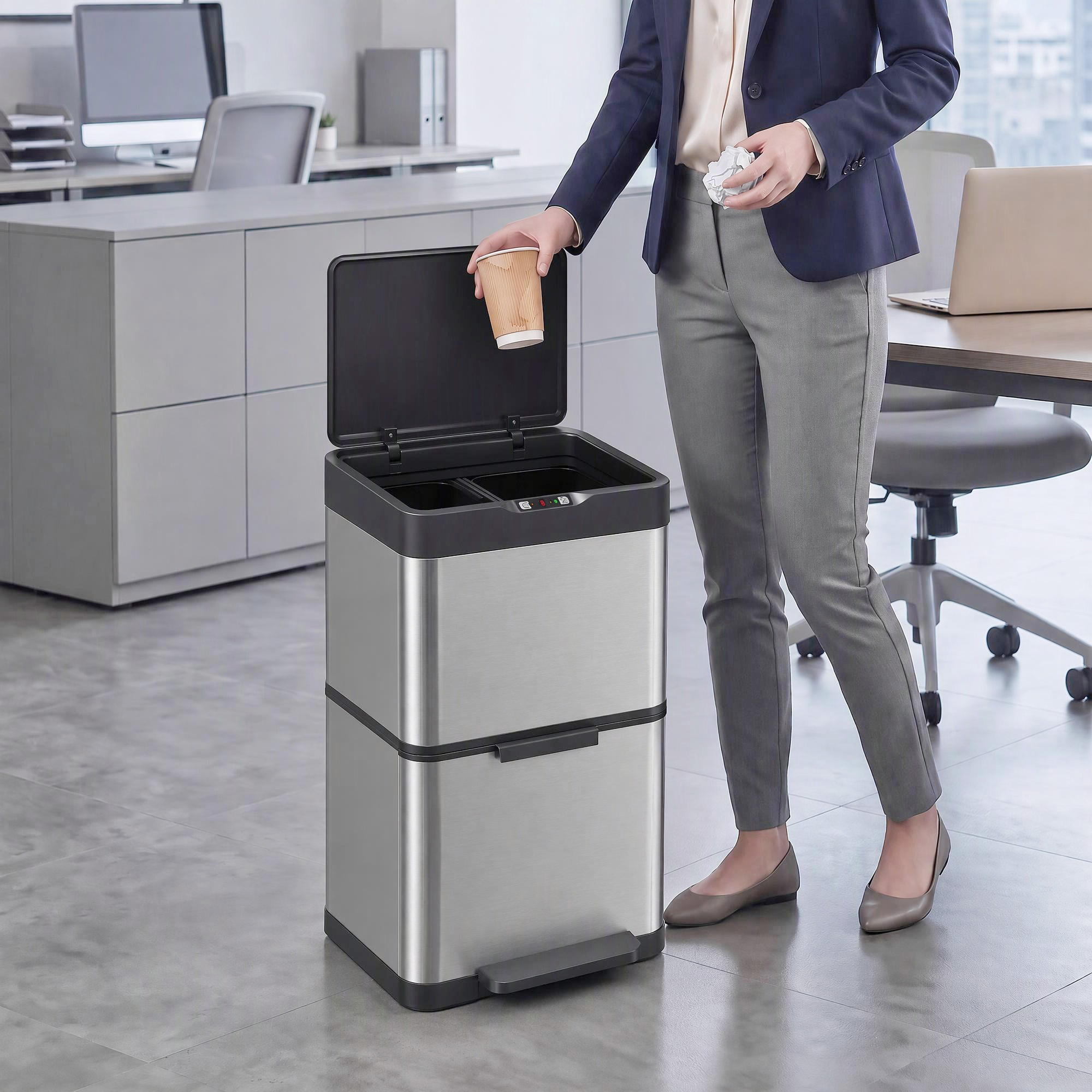 40L Sensormülleimer, 3 Fächer (2 x 12,5L + 15L), mit Soft-Close- & Offenhaltefunktion, Silber