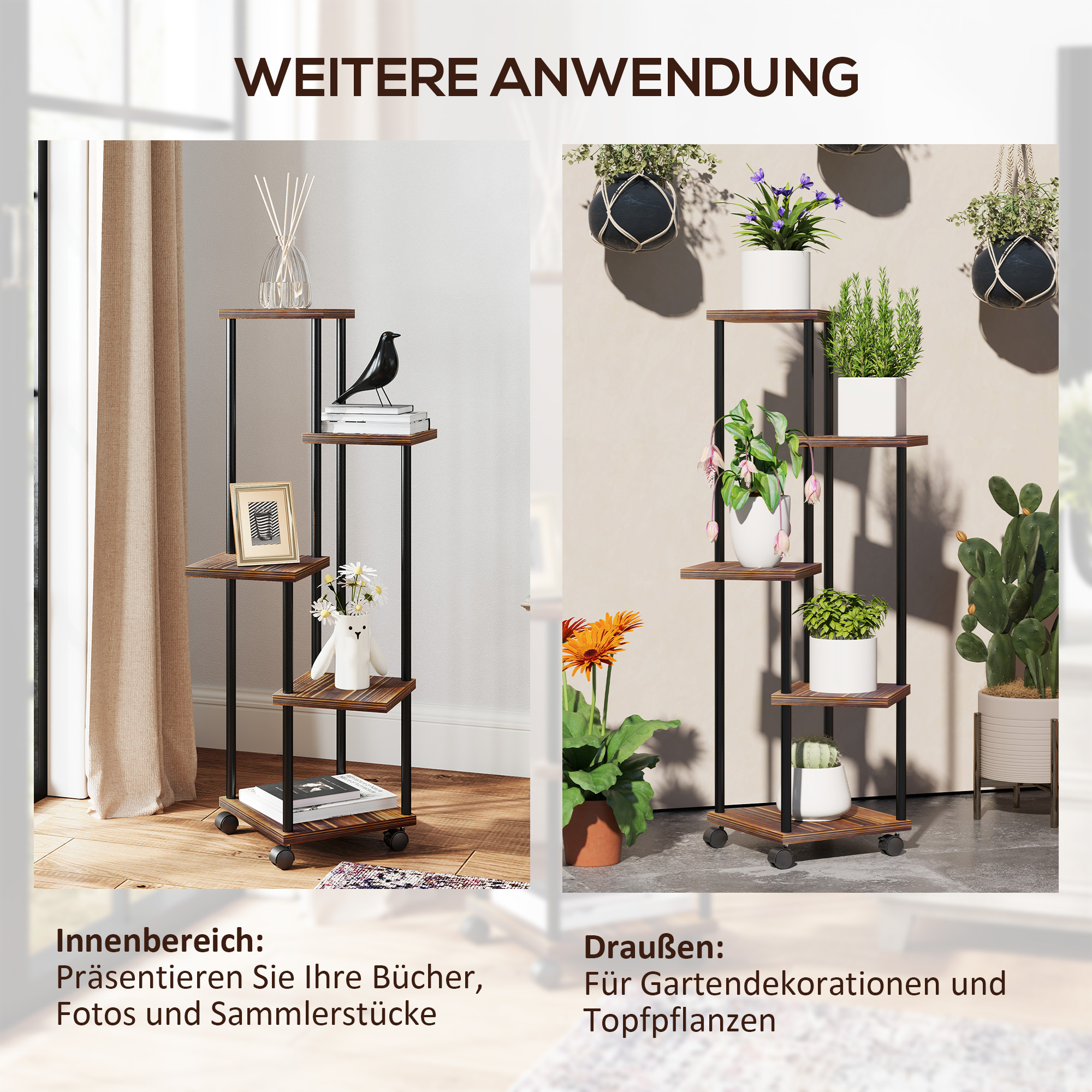 Blumenständer mit 5 Ebenen, 5-stufiger Pflanzenständer, versetztes Design, leicht zu verschieben, Holz, Stahl