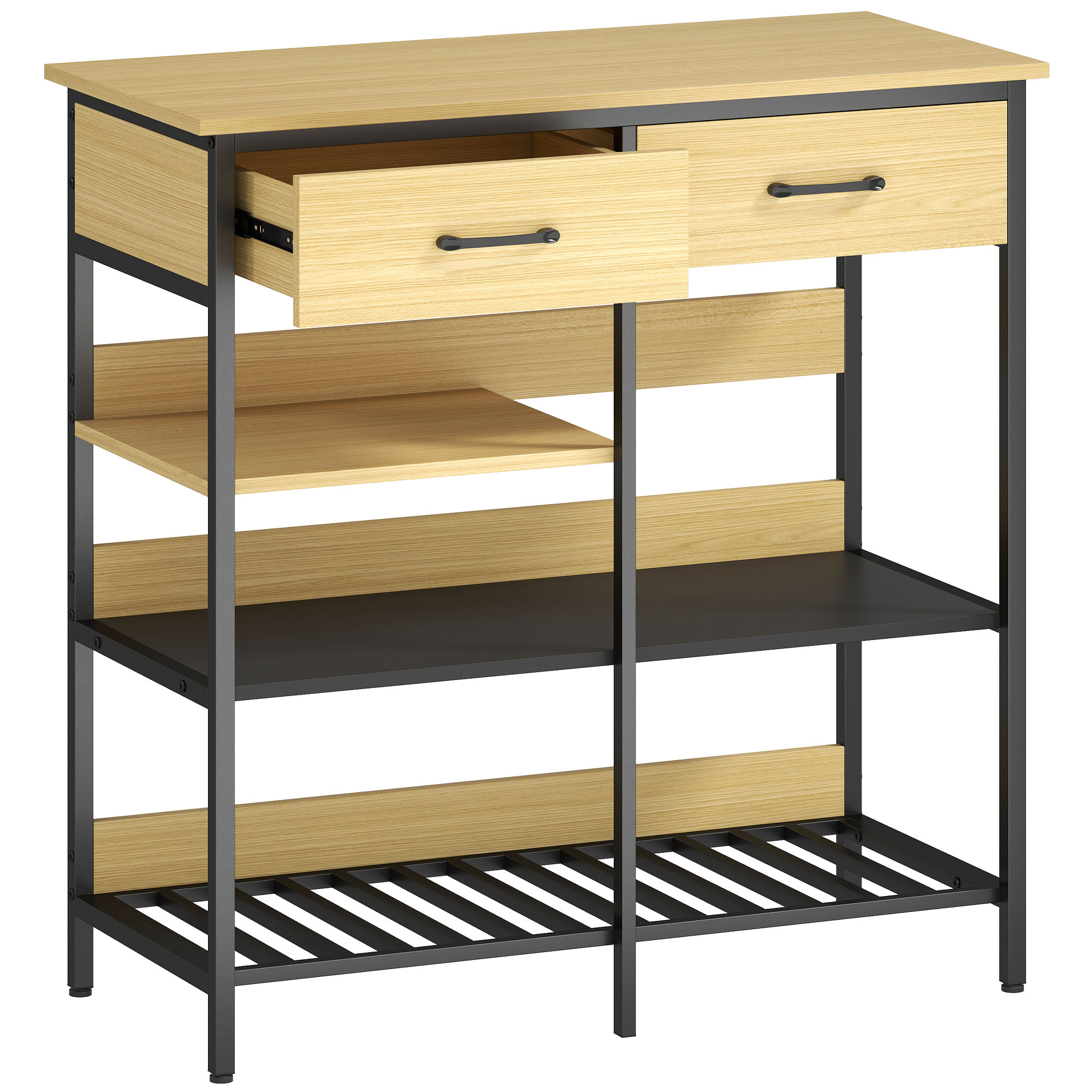 Sideboard, Kommode mit 2 Schubladen, 3 offenen Regalen Küchenschrankfür Küche, Wohnzimmer 90 x 40 x 91 cm, Naturholz