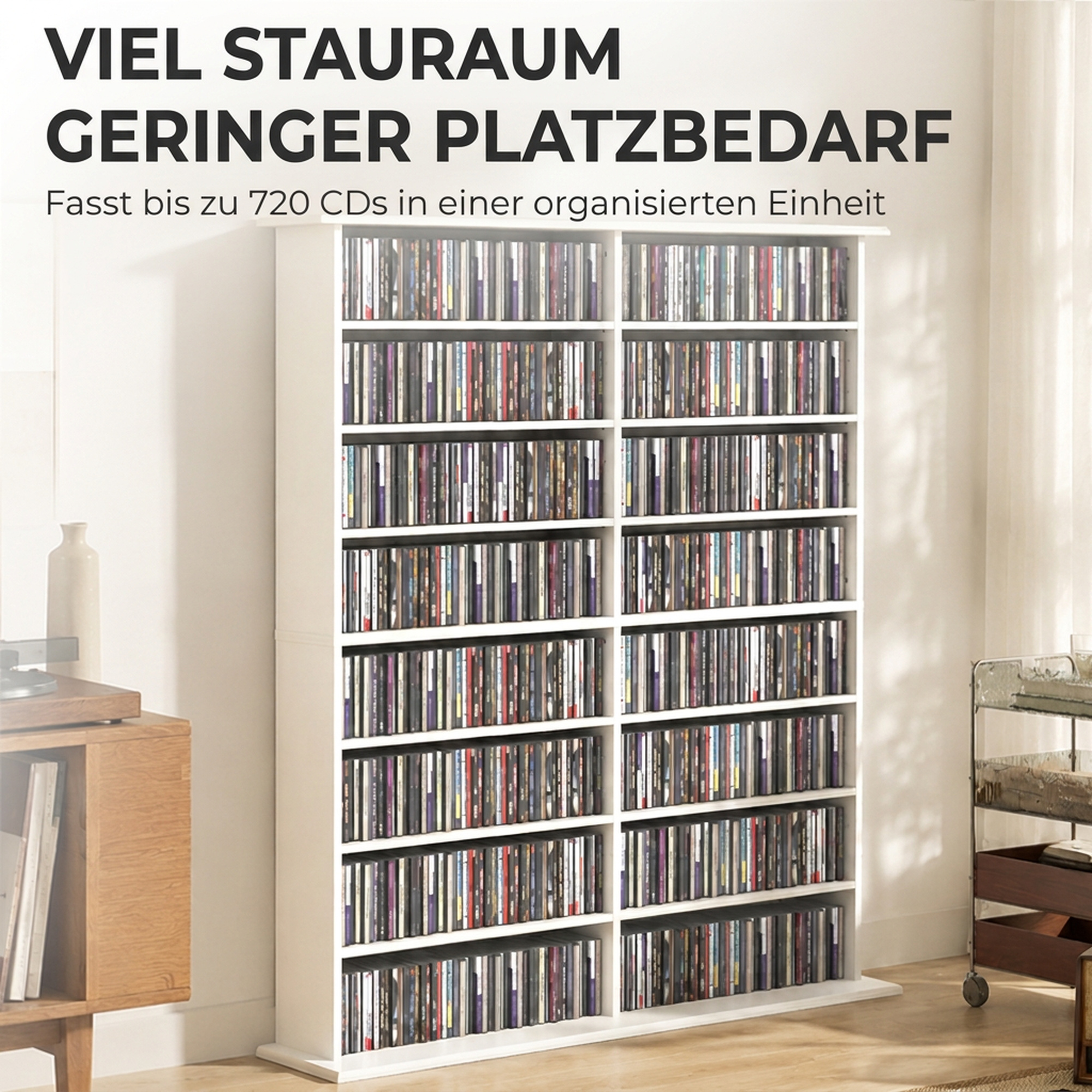 Medienregal, 8 Ebenen, DVD-Regal mit 12 verstellbaren Böden, 16 Fächer, für 720 CDs, Weiß