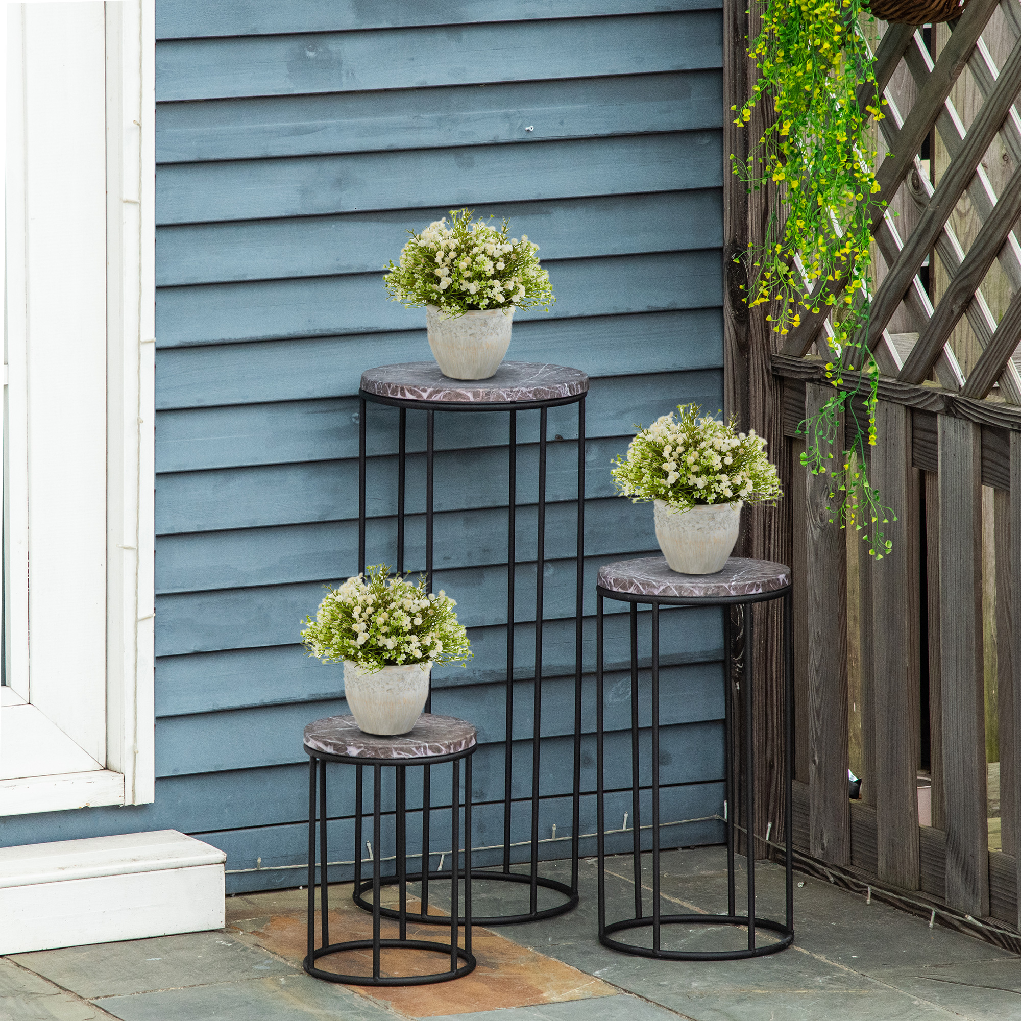 Blumenständer 3er Set aus Metall Pflanzenständer Set in Marmoroptik Blumenhocker Blumentopfhalter Stapelbar Pflanzenhocker für Blumentopf Schwarz+Grau