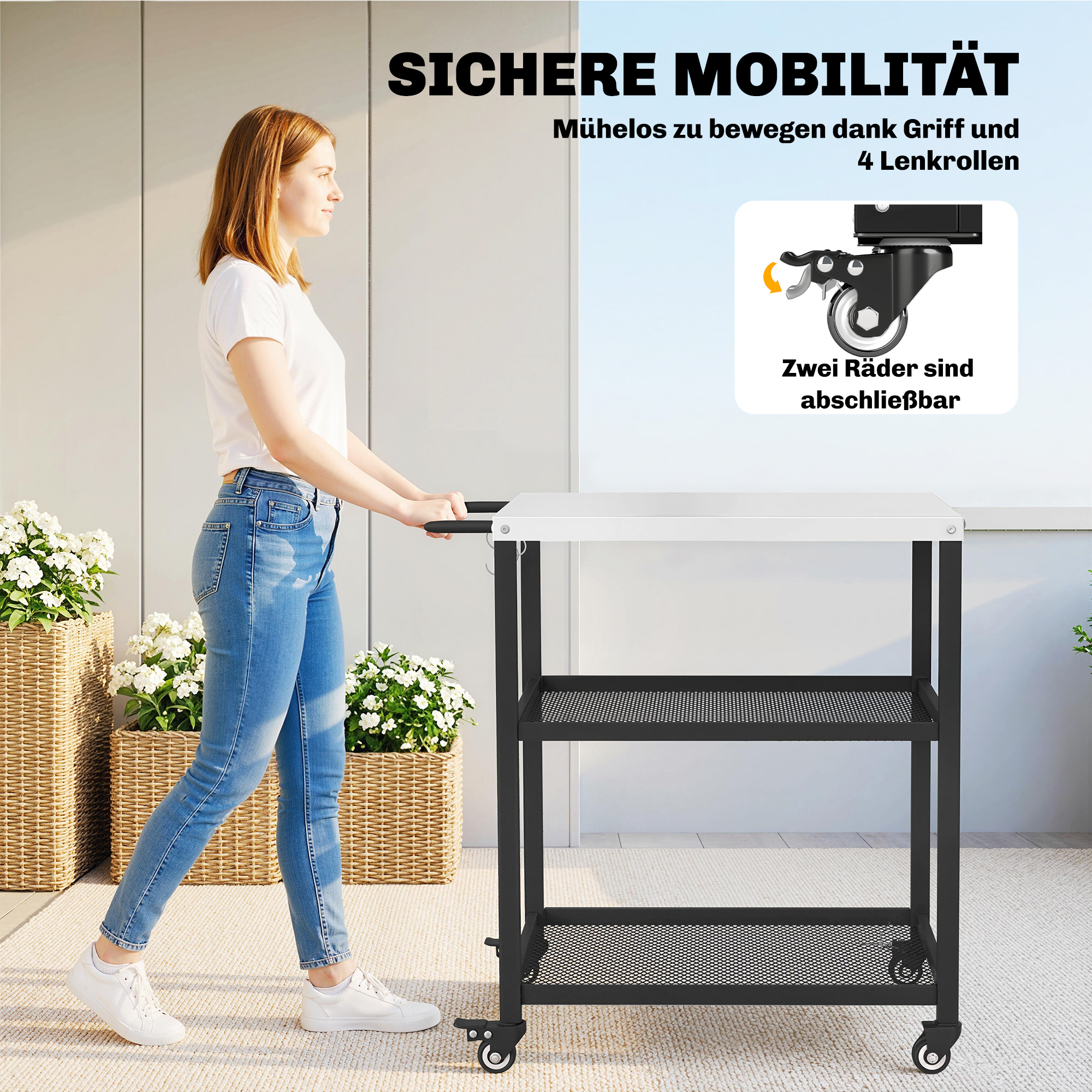 Grillwagen 3-Etagen Servierwagen mit Arbeitsfläche verstellbar Ablagen Haken Räder 77 x 51 x 80 cm Schwarz
