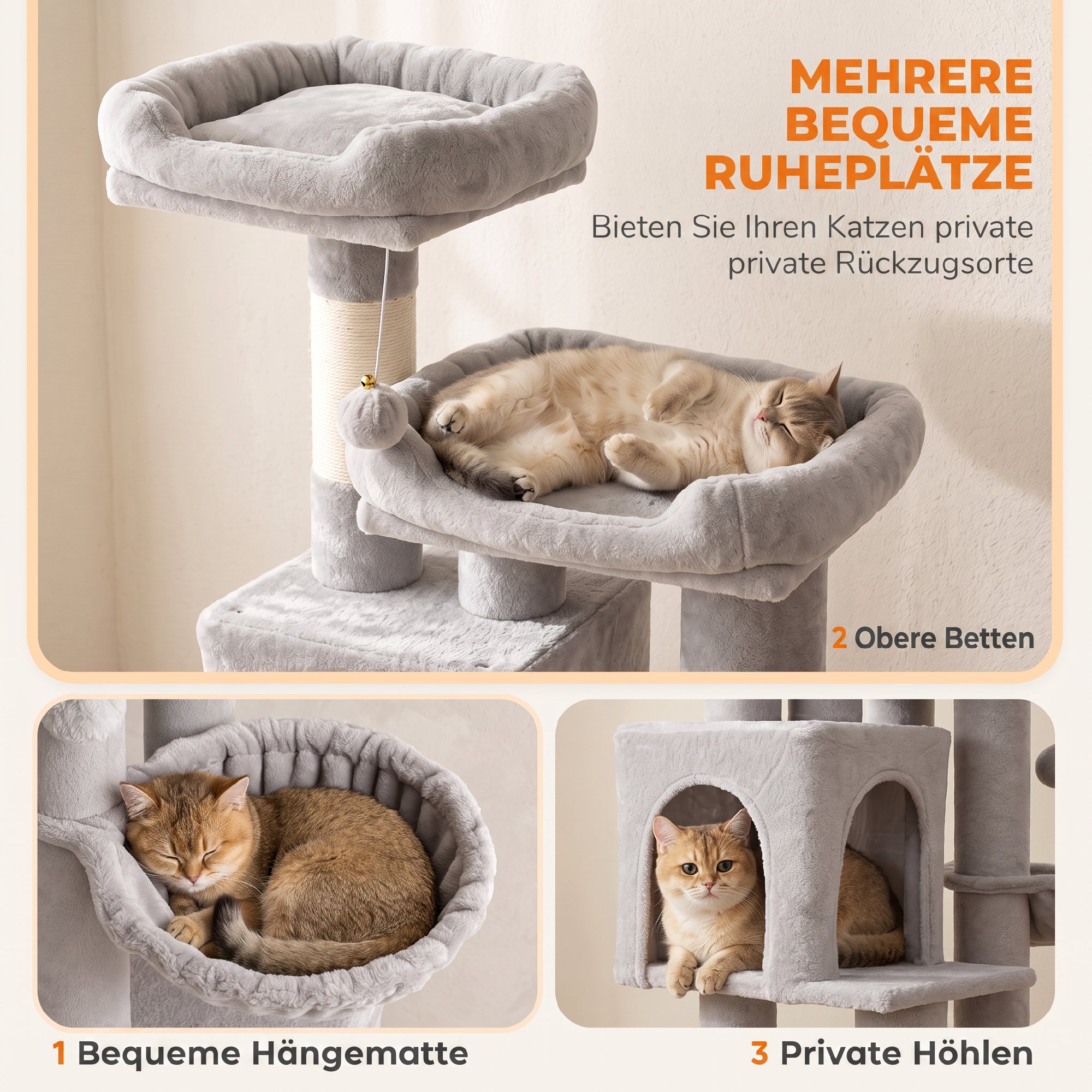 Kratzbaum groß, 200 cm hoch Katzenbaum mit 2 Betten, 3 Höhlen, Hängematte, 3 Bällen für 1-3 Katzen unter 6 kg, Hellgrau