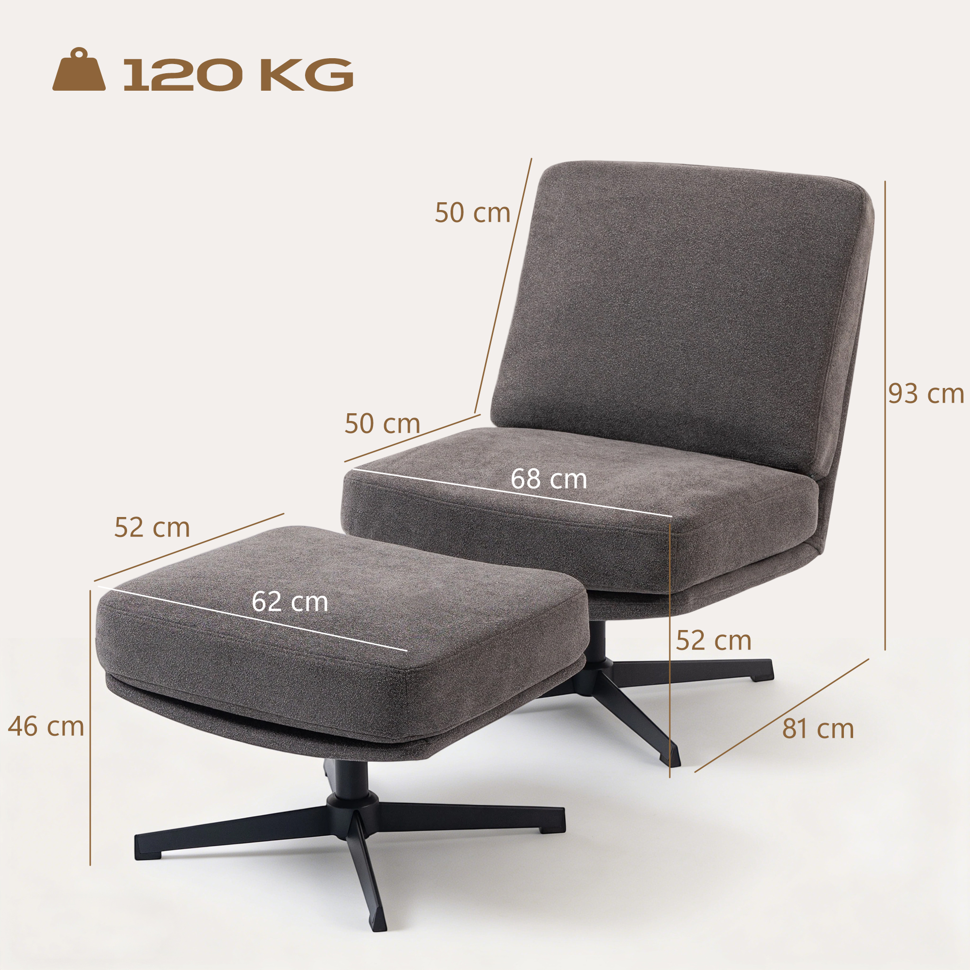 Sessel mit Hocker Drehbar Loungesessel mit Leinenoptik für Wohnzimmer Dunkelgrau