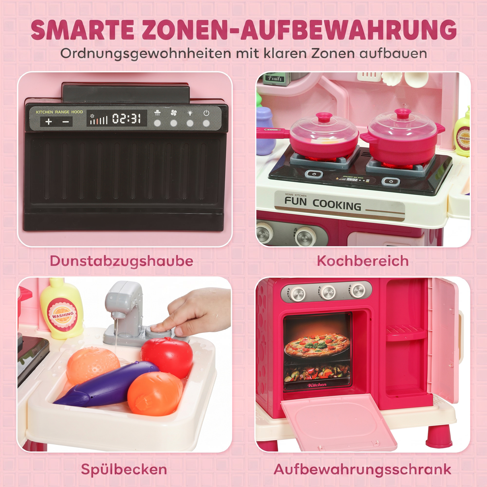 Kinderküche Kinder 33-teilig Spielküche Zubehör mit Licht, Sound, Stauraum, Spielspüle, Herd und Backofe 3-6 Jahren
