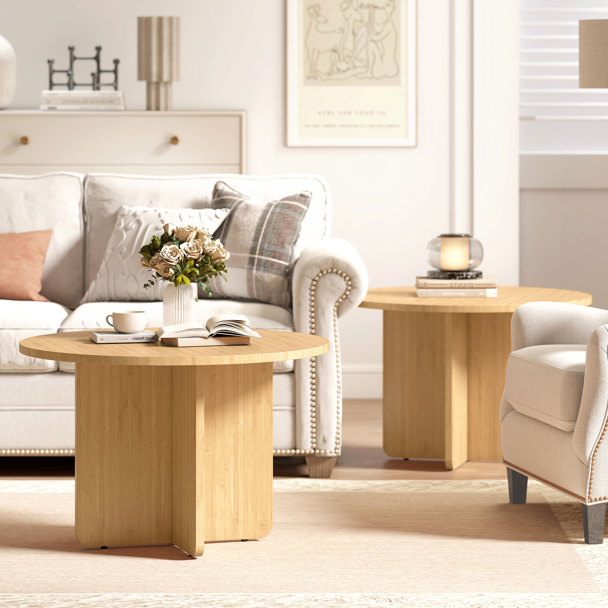 Runder Couchtisch, Bambus-Wohnzimmertisch mit Kreuzfuß, Natur